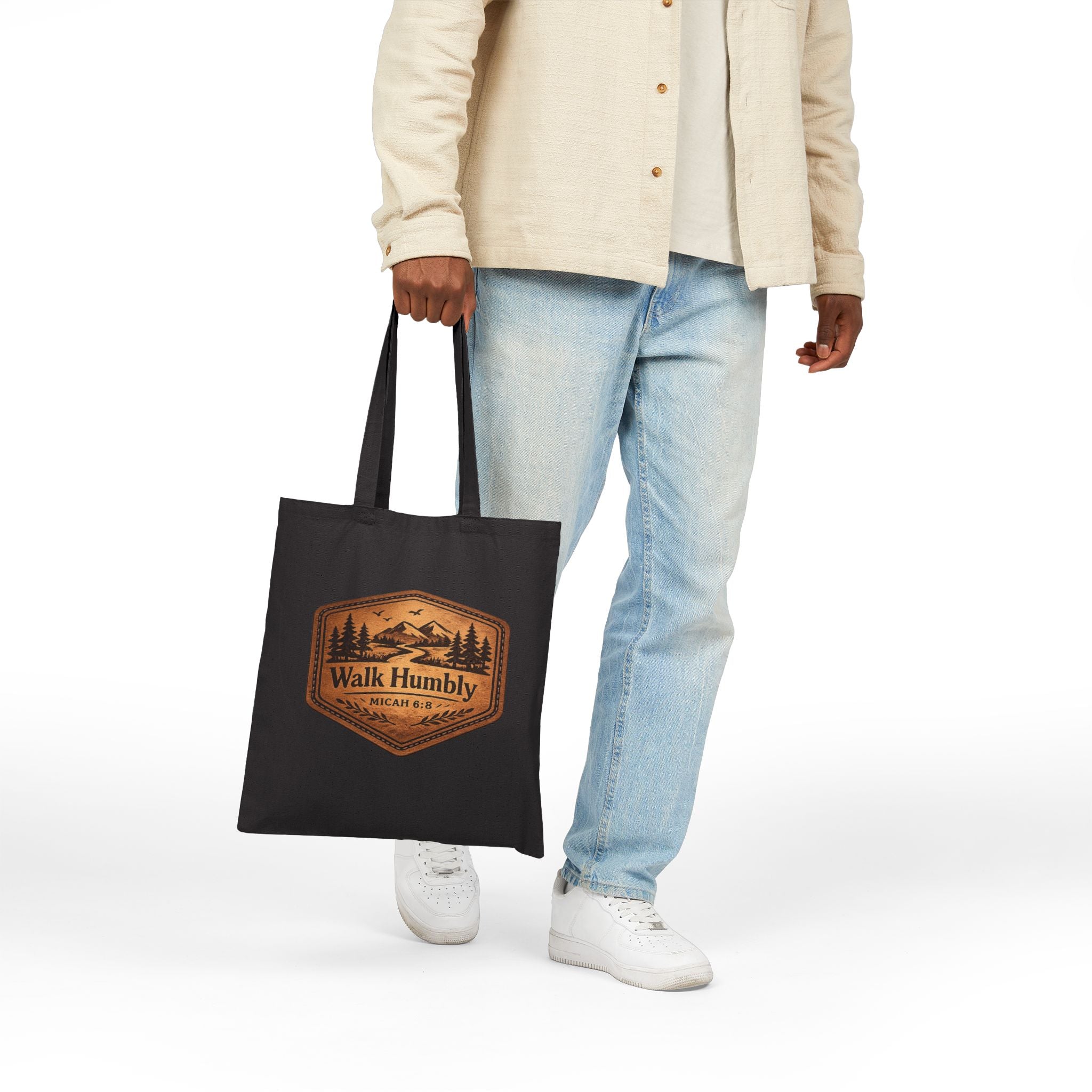 Walk Humbly Tote Bag | Micah 6:8 Christian Canvas Tote | Rustic Mountain Faith Tote