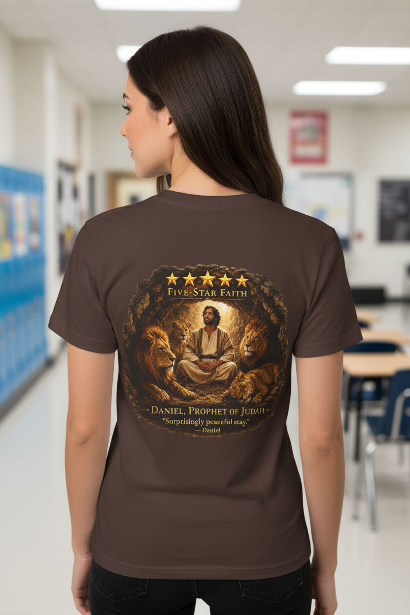 Christian T-shirt featuring Daniel's Lion Den Stay five-star review design with lion artwork celebrating faith, courage, and biblical inspiration.