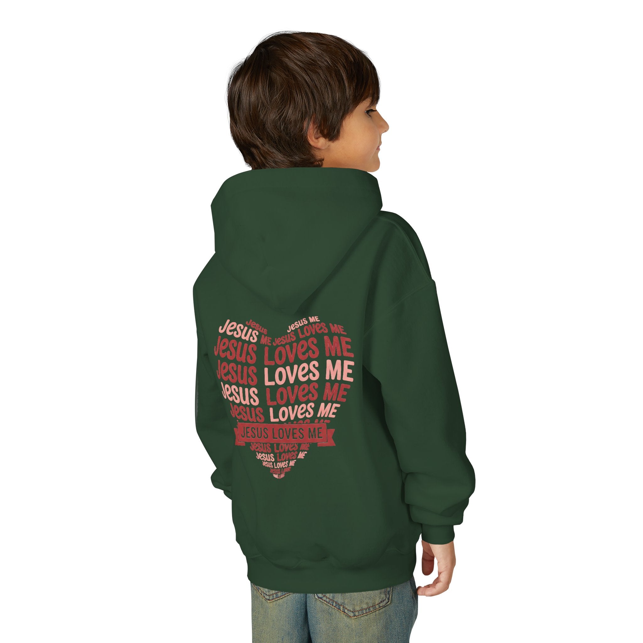Jesus Loves Me Youth Hoodie – Heart Word Cloud Christian Kids Sweatshirt | Faith Inspired Kids Apparel
