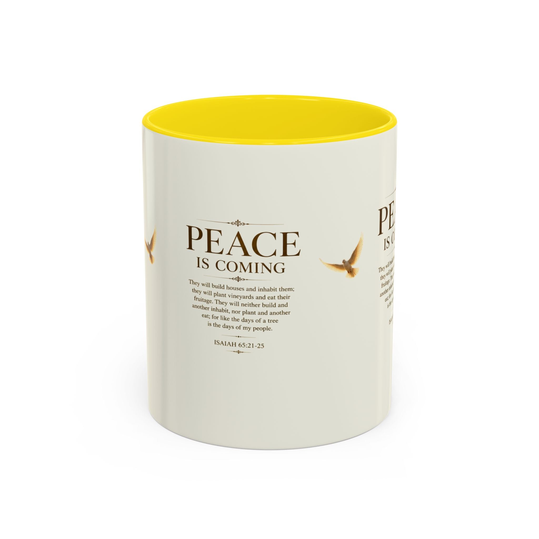Peace Is Coming Accent Coffee Mug | Isaiah 65:21-25 Christian Mug | Inspirational Faith Gift