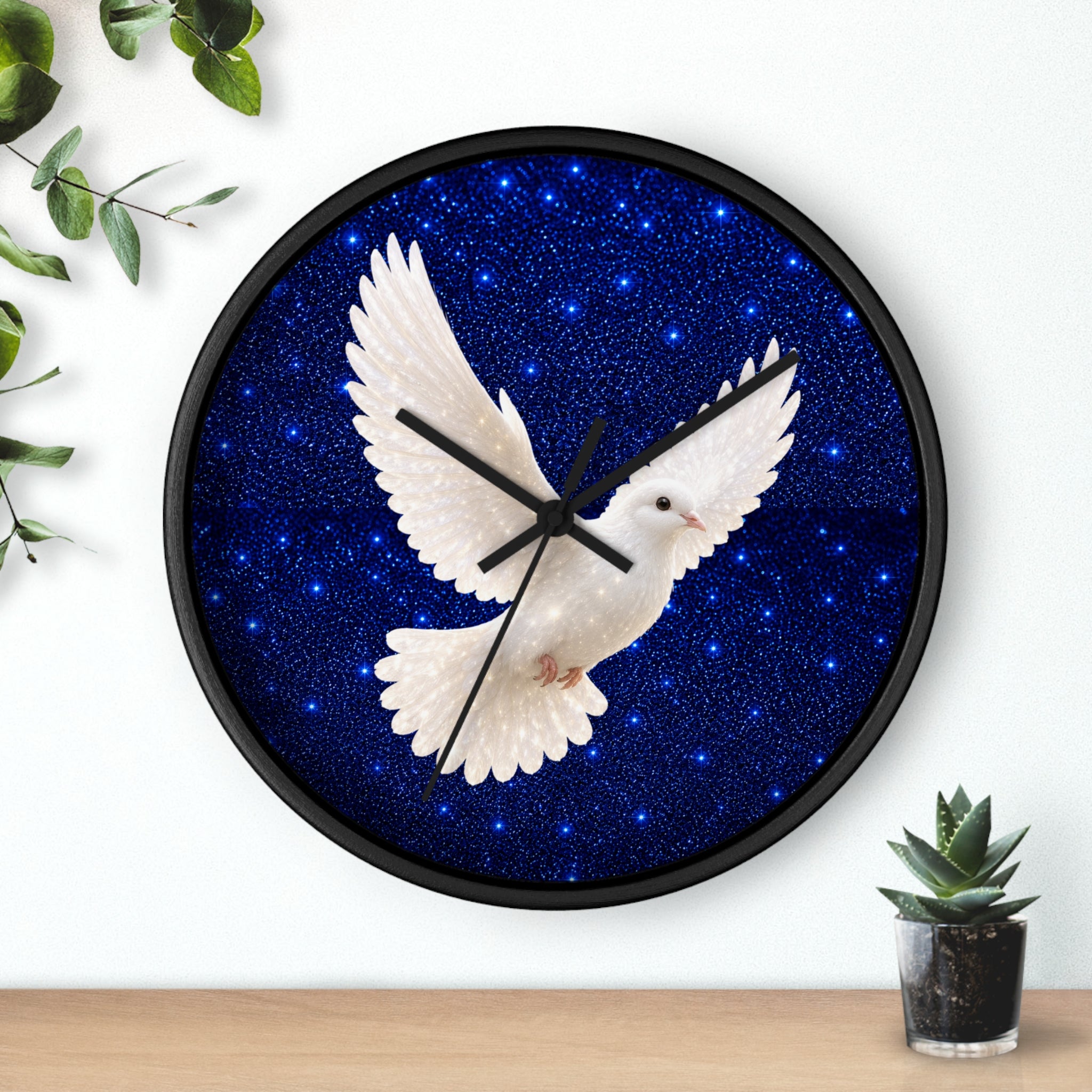 Round wall clock featuring a graceful white dove flying across a deep midnight-blue starry sky with a wood frame, plexiglass face, and silent quartz movement.