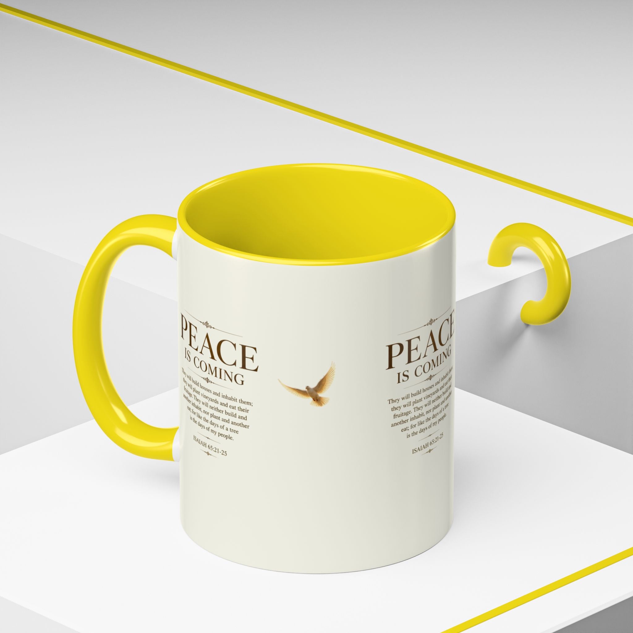 Inspirational Christian accent coffee mug featuring a peaceful dove and Isaiah 65:21-25 scripture with glossy finish and colorful handle and interior.