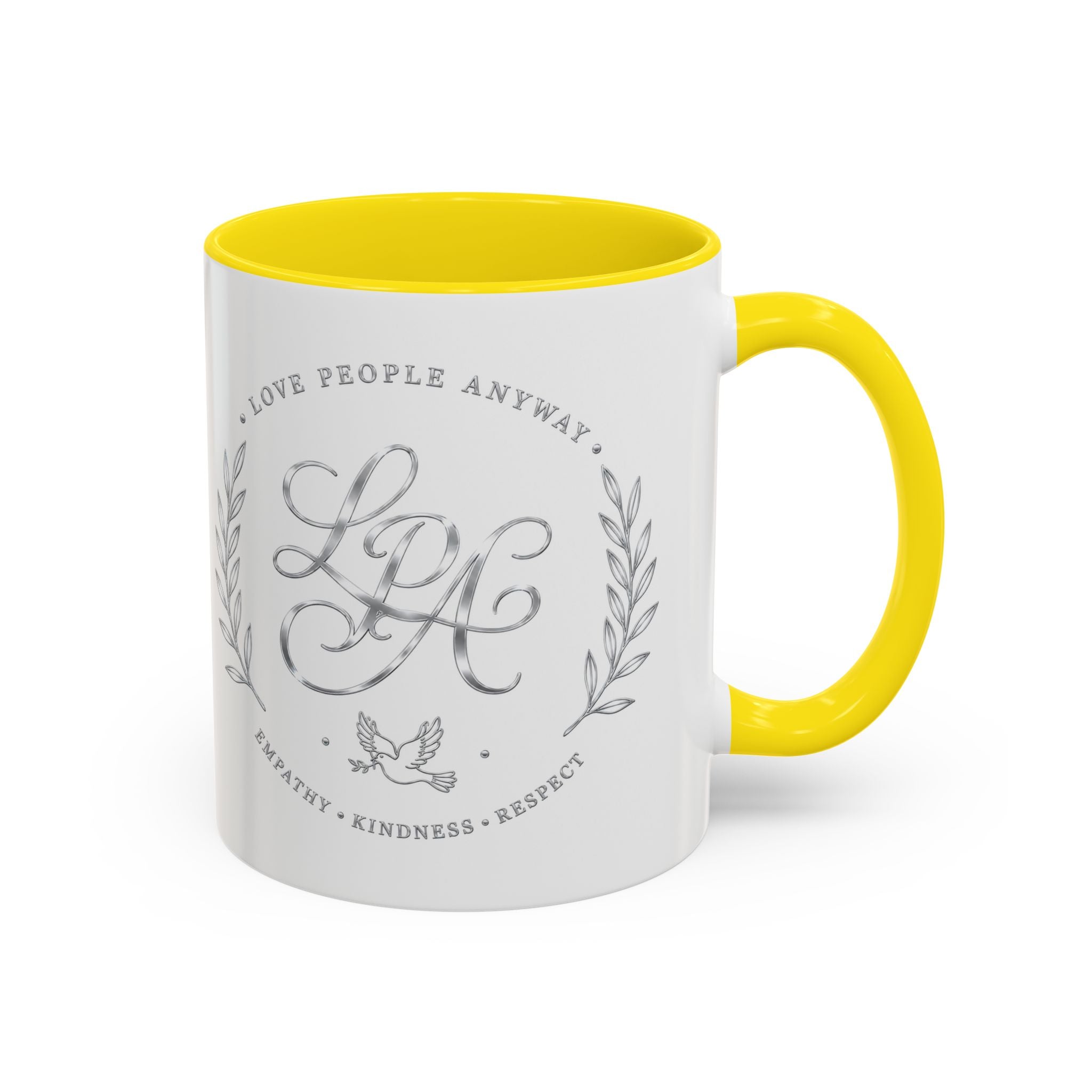 Love People Anyway Silver Accent Coffee Mug | Inspirational Monogram Mug | Faith Freedom Creations