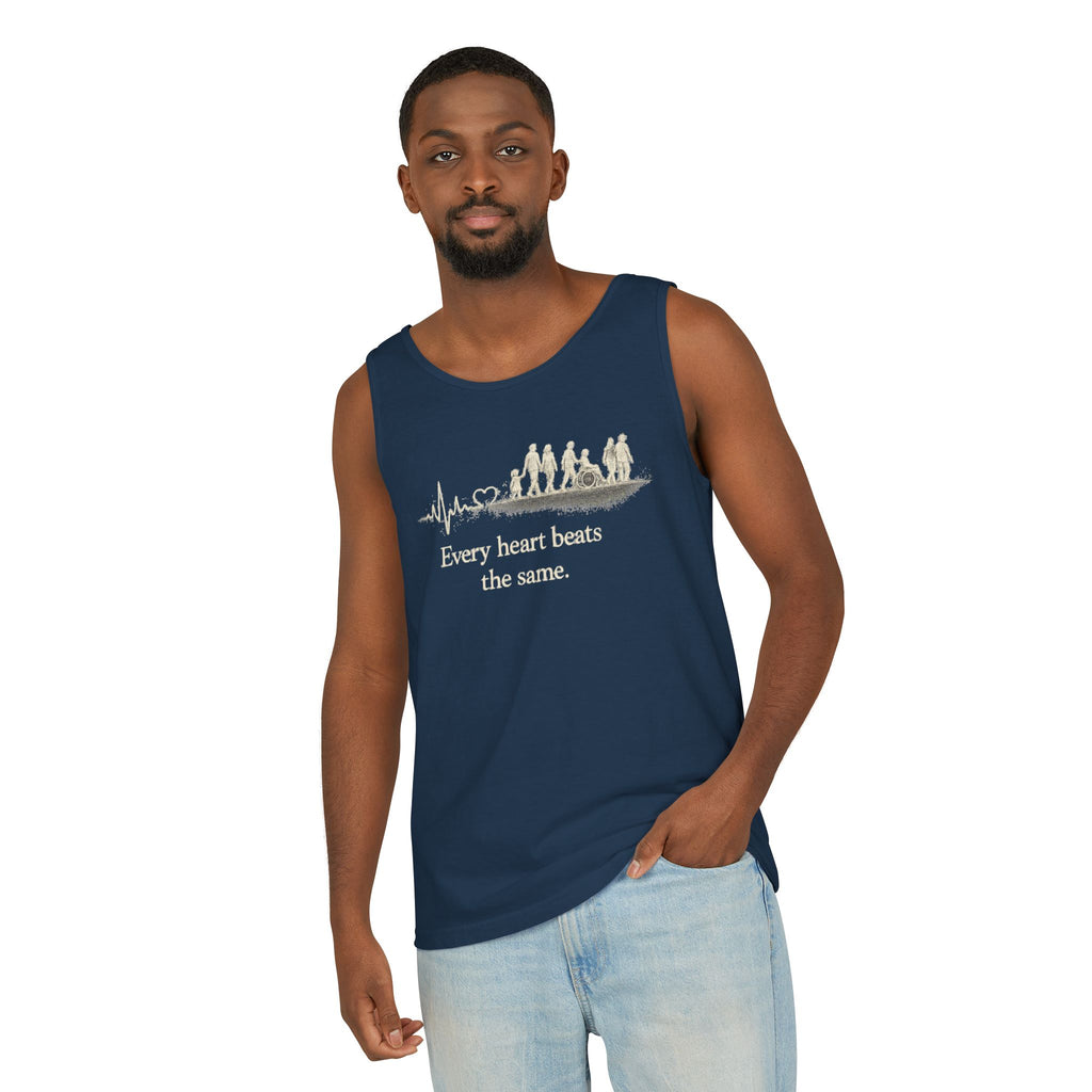 “Every Heart Beats the Same” Vintage Surf Tank Top – Garment-Dyed Coastal Unity Tank