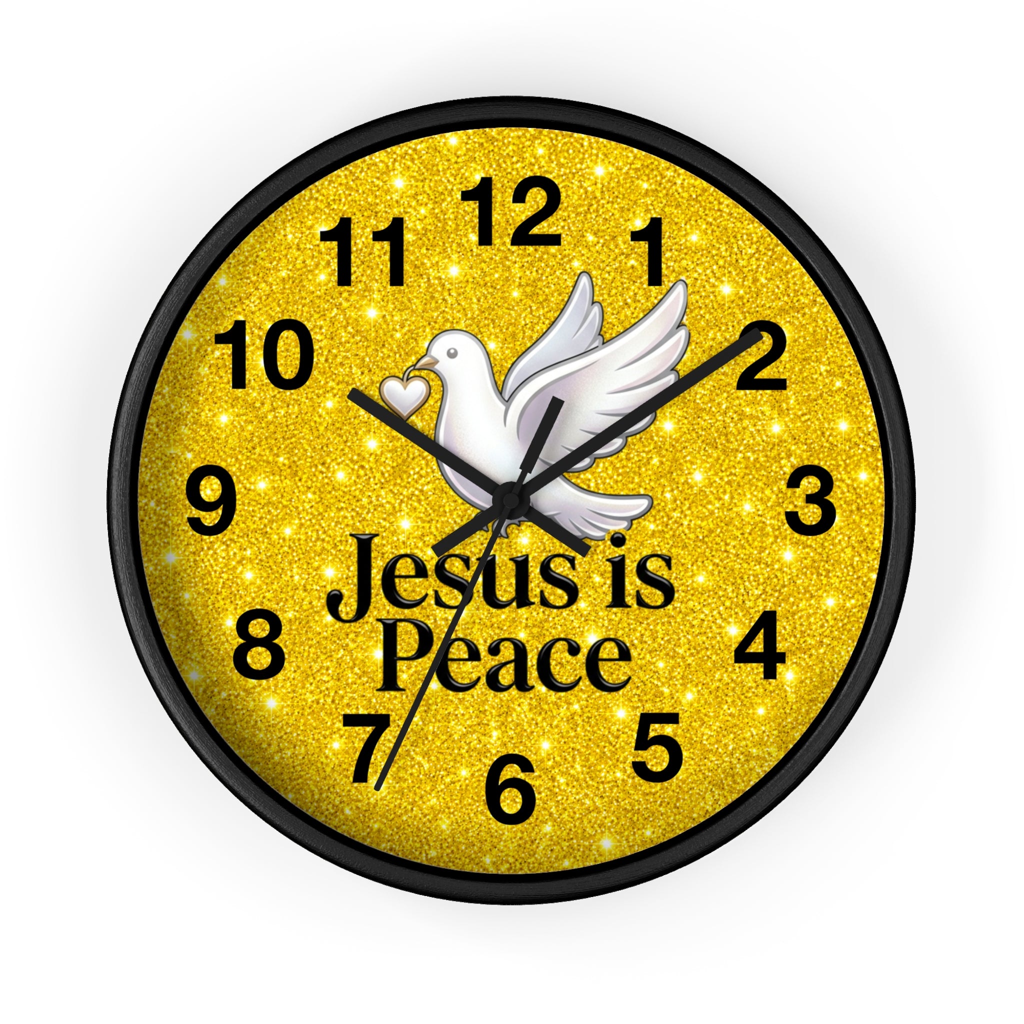 A round wall clock with a black frame and a glittery gold face. The clock face features a white dove in flight, black Arabic numerals, and the text 'Jesus is Peace' in black.