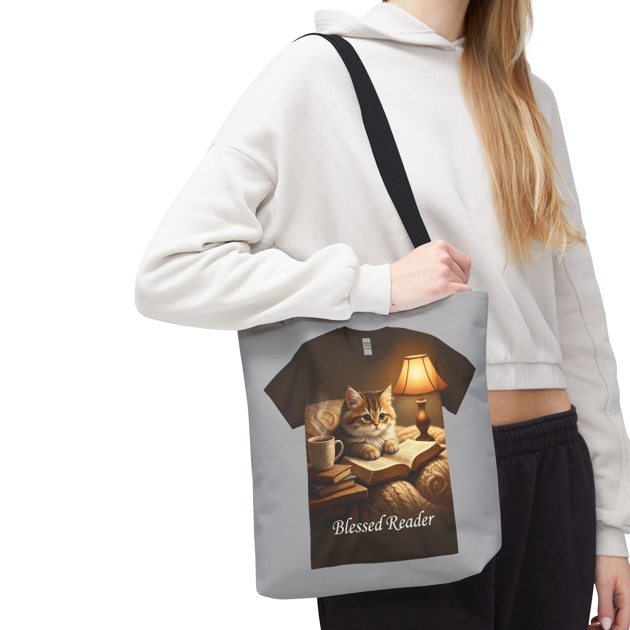 Blessed Reader Cat Tote Bag – Cozy Book Lover Library Tote | Cat & Books Gift Bag