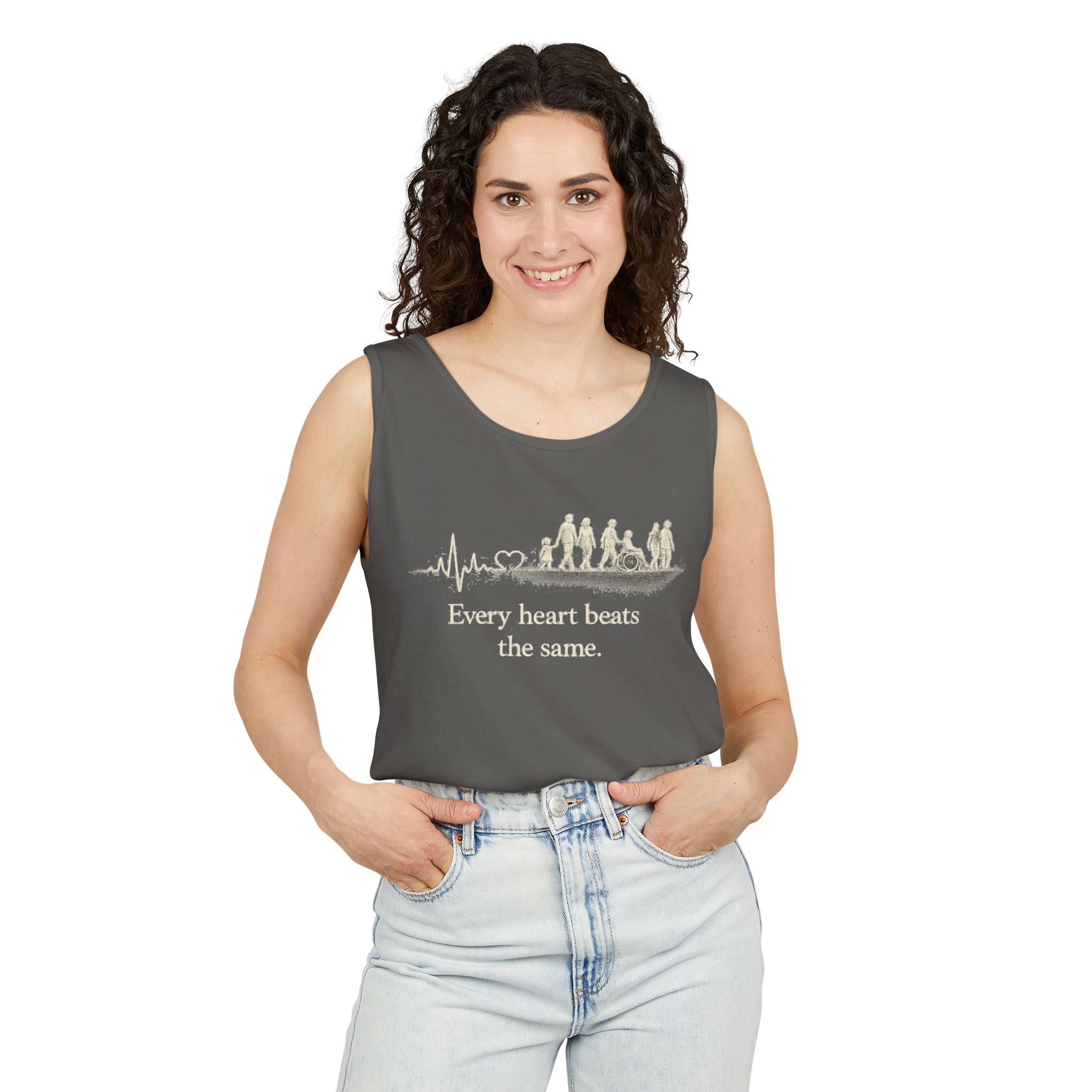 “Every Heart Beats the Same” Vintage Surf Tank Top – Garment-Dyed Coastal Unity Tank