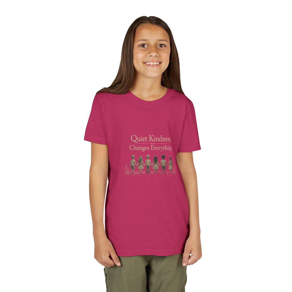 Youth “Quiet Kindness Changes Everything” Tee – Kids Inspirational T-Shirt with Earth & Friends Graphic