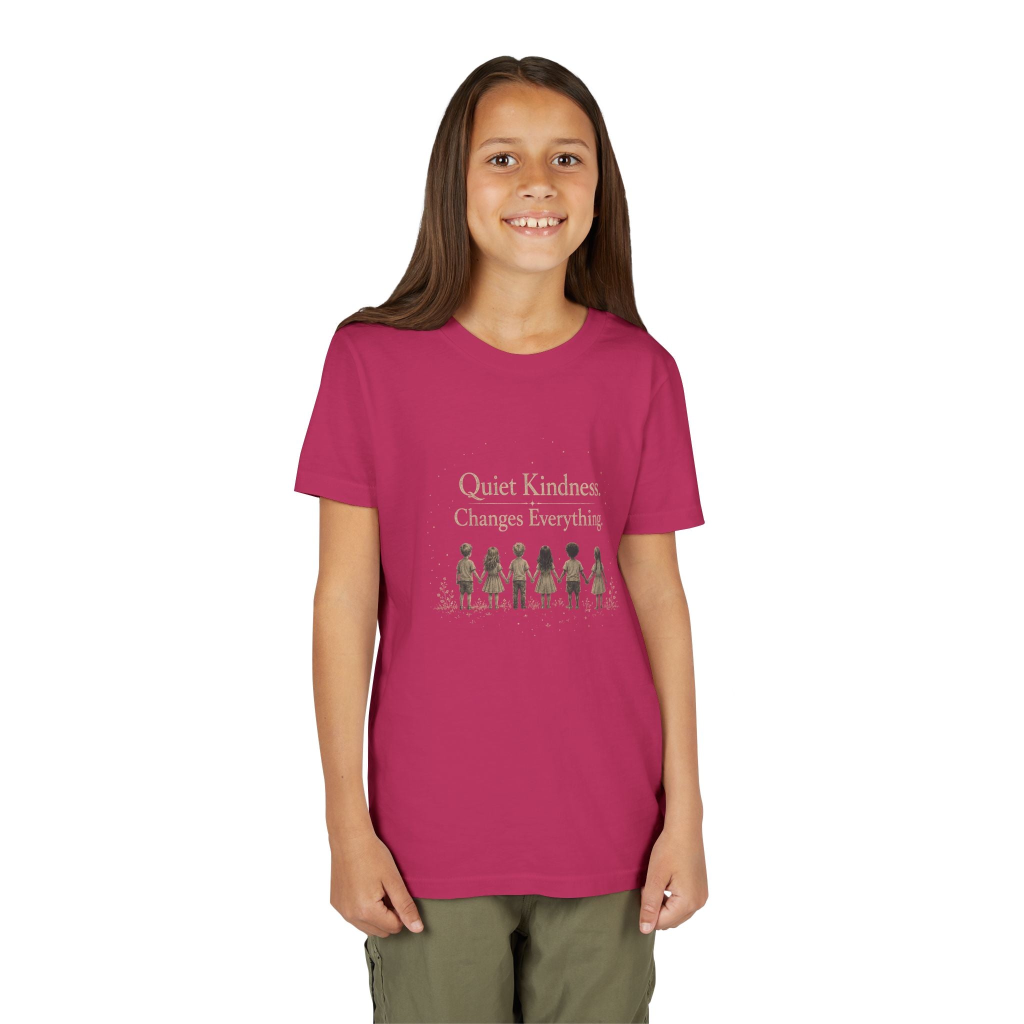 Youth “Quiet Kindness Changes Everything” Tee – Kids Inspirational T-Shirt with Earth & Friends Graphic