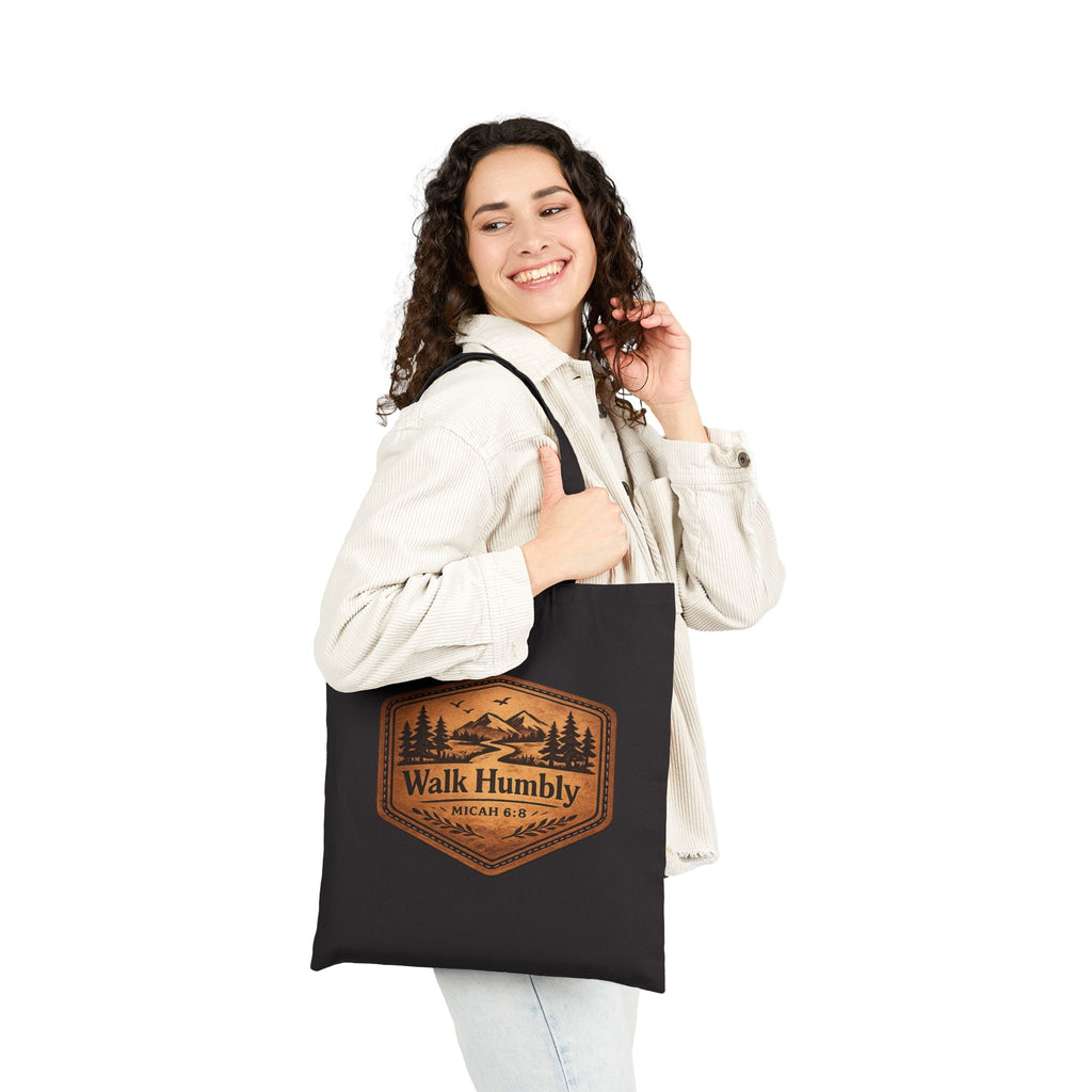 Walk Humbly Tote Bag | Micah 6:8 Christian Canvas Tote | Rustic Mountain Faith Tote
