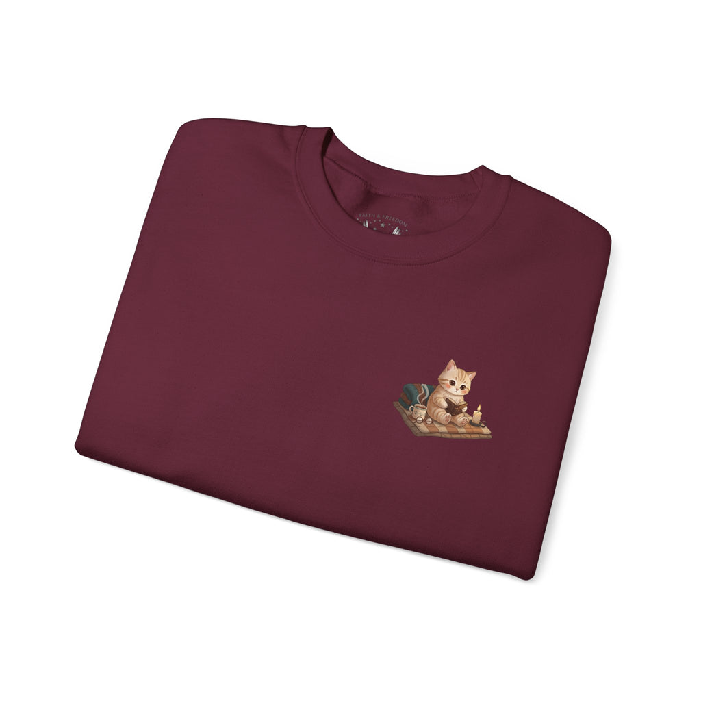 Faith Cozy Cat Crewneck Sweatshirt – Candlelight Cat Faith Sweatshirt | Quiet Comfort Apparel