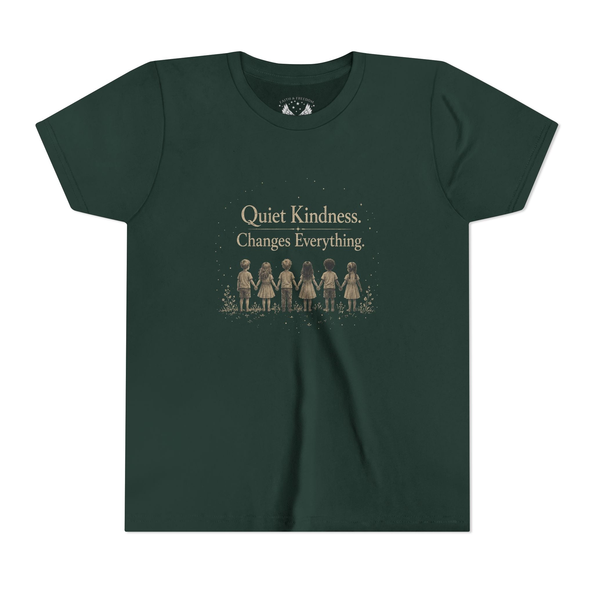 Youth “Quiet Kindness Changes Everything” Tee – Kids Inspirational T-Shirt with Earth & Friends Graphic