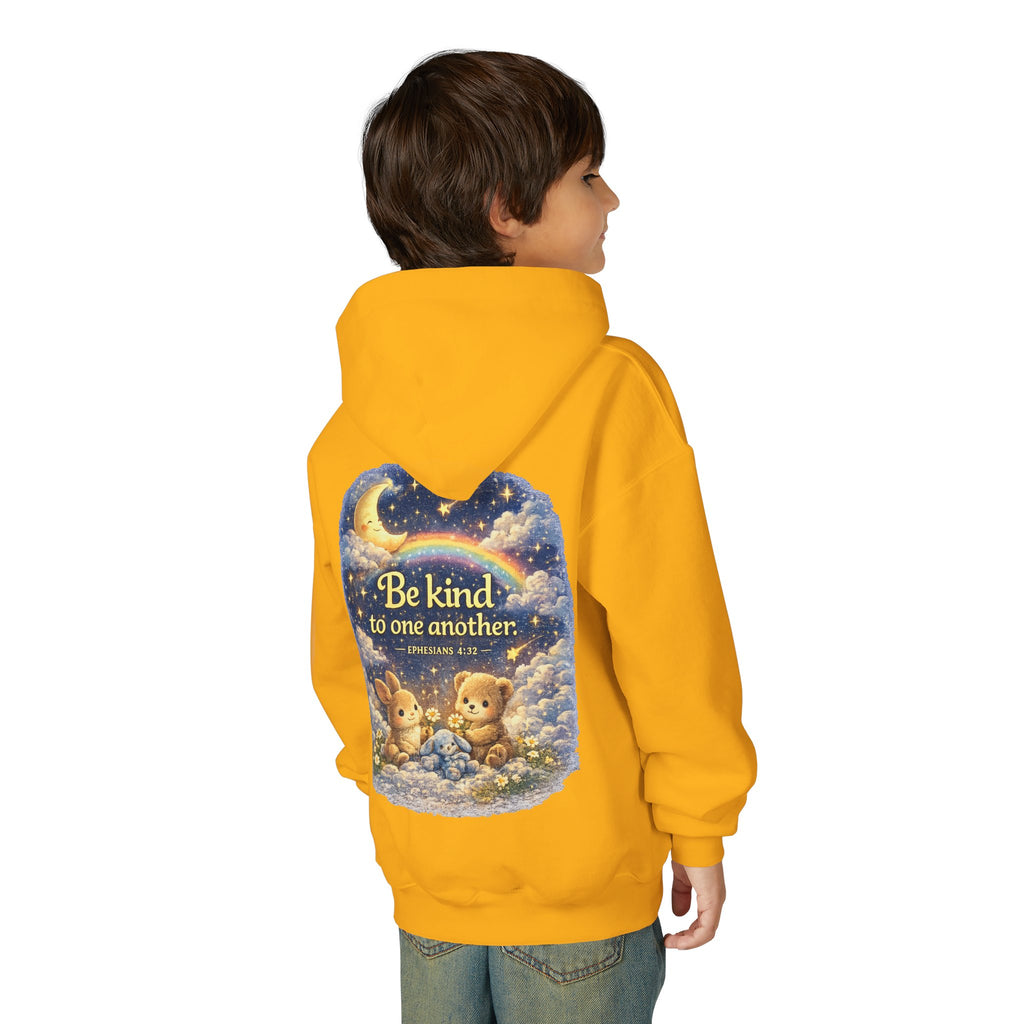 Youth “Be Kind to One Another” Hoodie – Cute Bunny Night Sky Scripture Sweatshirt
