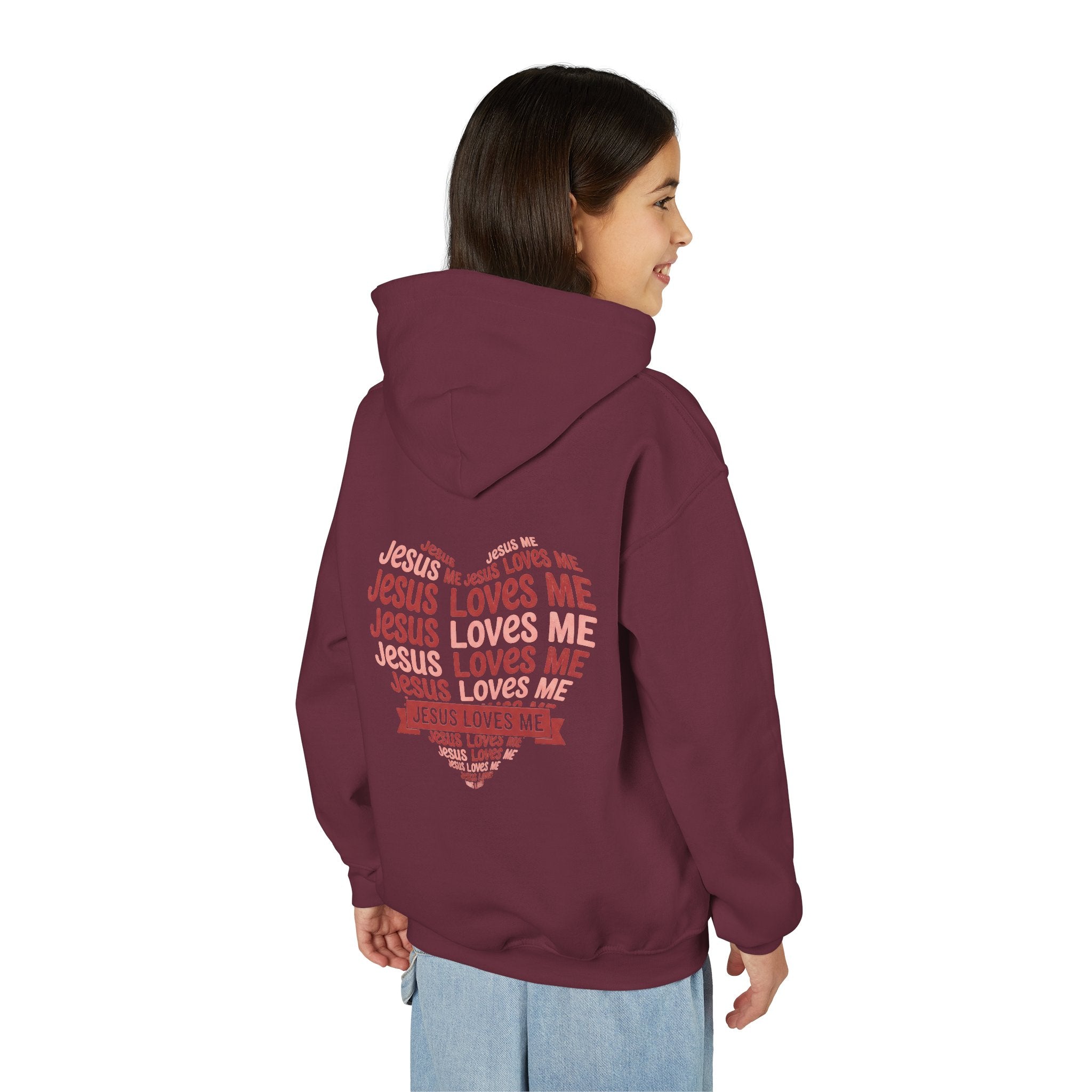 Jesus Loves Me Youth Hoodie – Heart Word Cloud Christian Kids Sweatshirt | Faith Inspired Kids Apparel