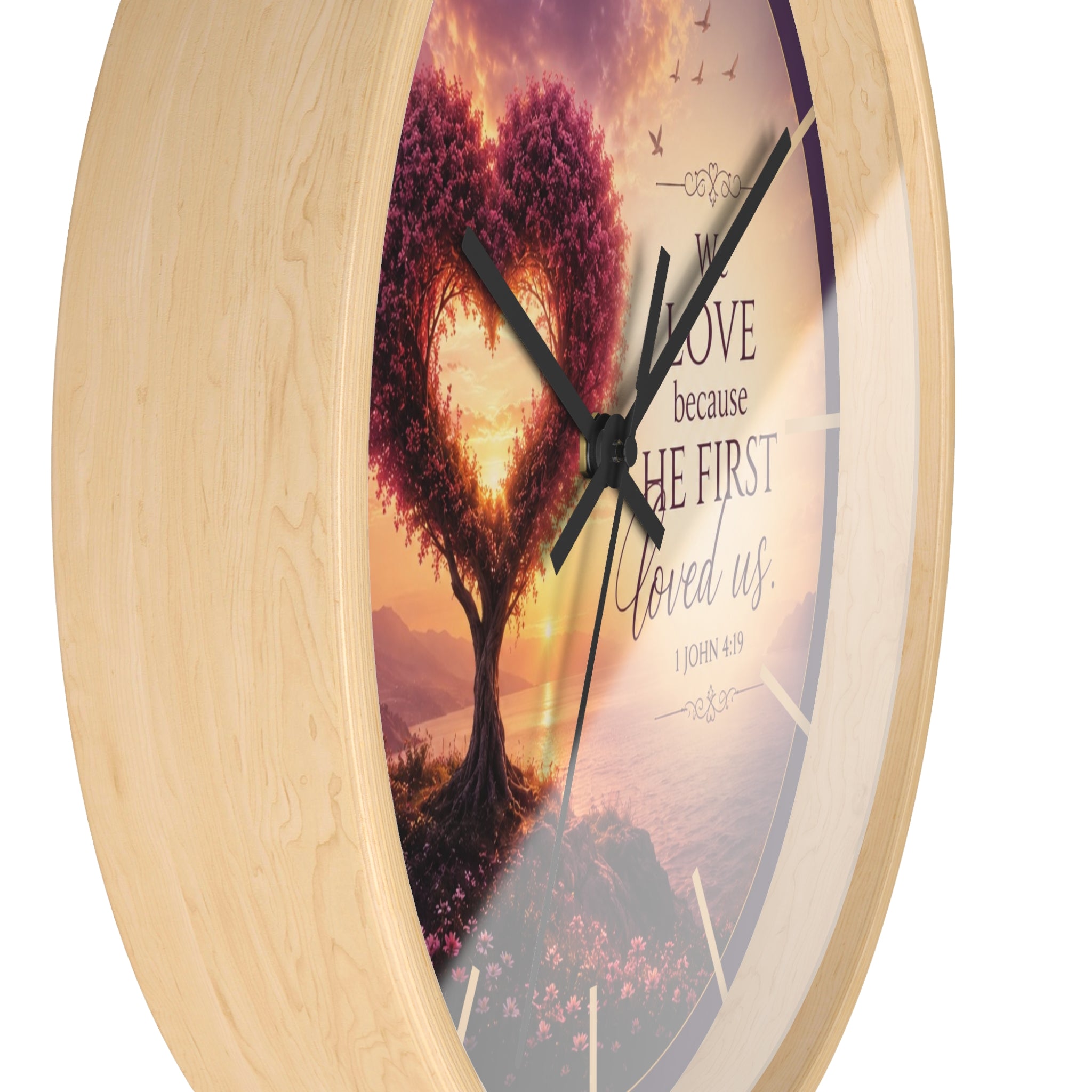 We Love Because He First Loved Us Wall Clock | Christian Heart Tree Decor | 1 John 4:19 Scripture Clock