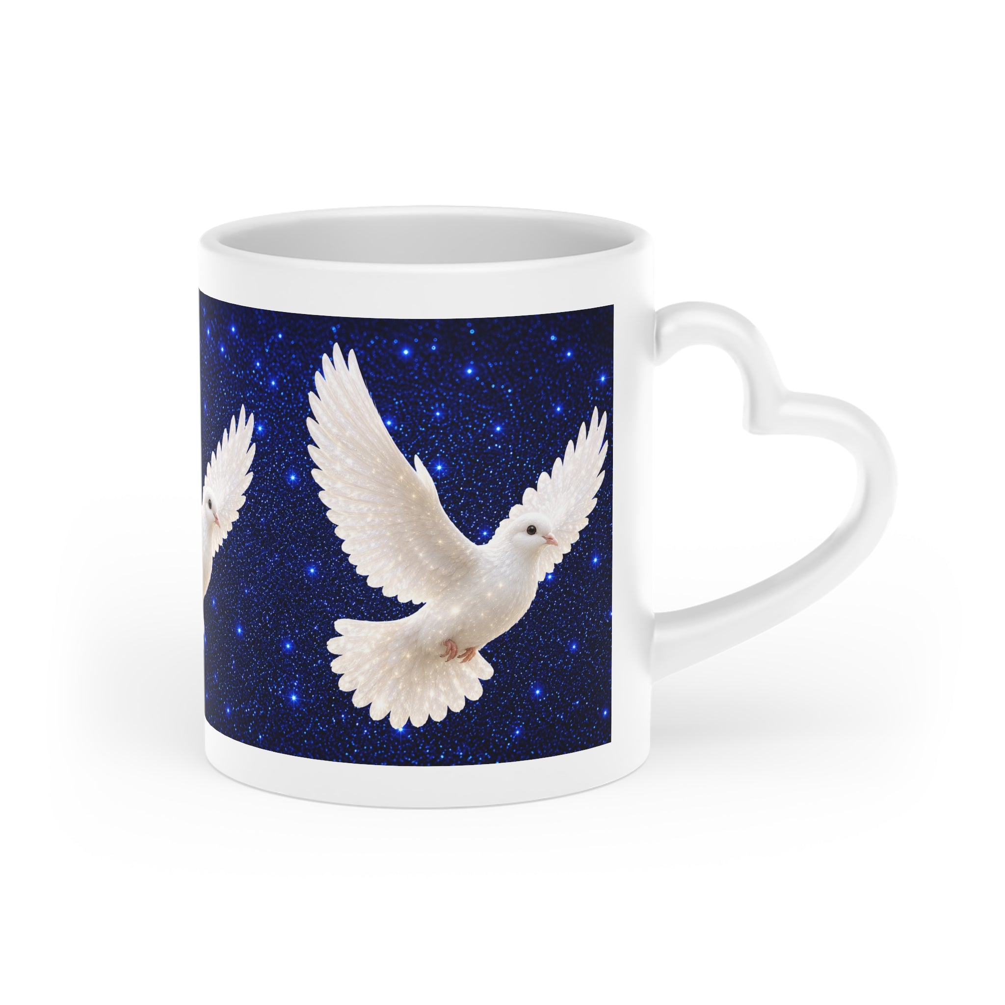 White ceramic heart-shaped handle mug featuring elegant white doves flying across a deep midnight-blue starry sky with vibrant wraparound artwork.