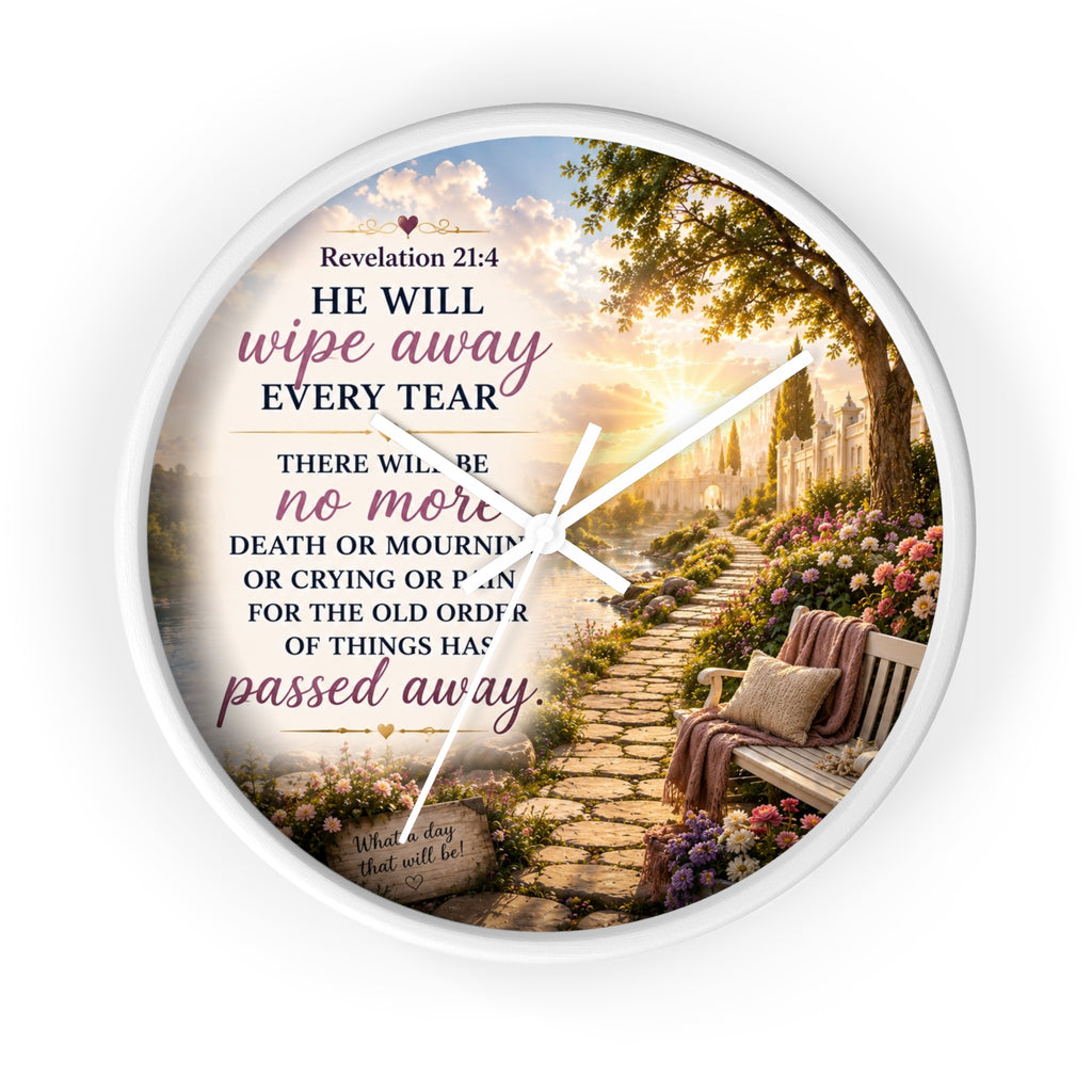 Revelation 21:4 Wall Clock | Christian Prayer Garden Decor | Inspirational Silent Wall Clock
