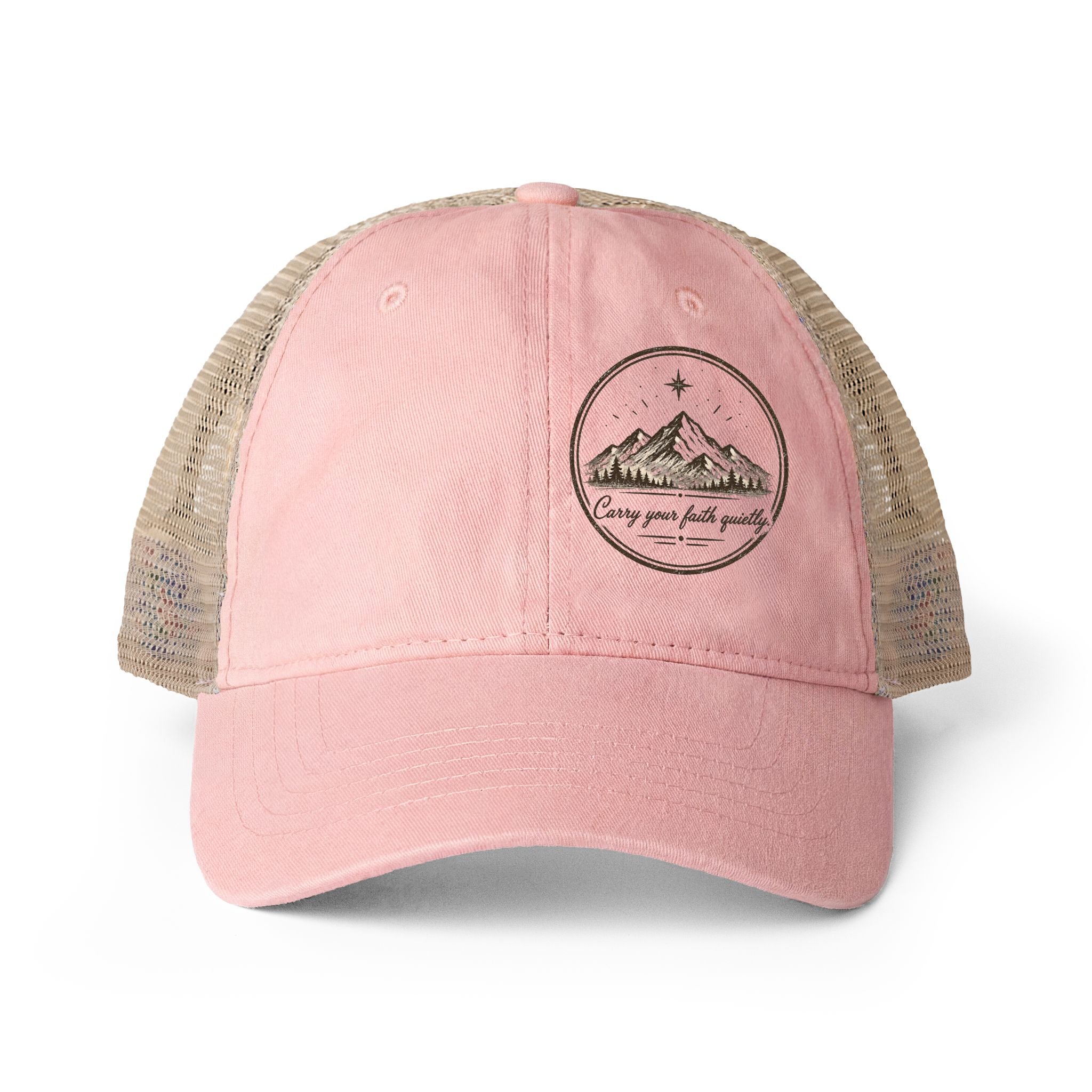 Women’s washed mesh-back Christian cap featuring the phrase “Carry Your Faith Quietly” with vintage styling and concealed ponytail opening.