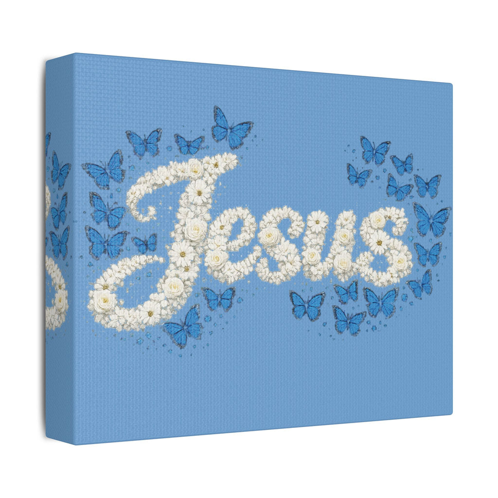 Jesus Floral Blue Butterfly Canvas Wall Art – Christian Satin Faith Print | Inspirational Home Decor