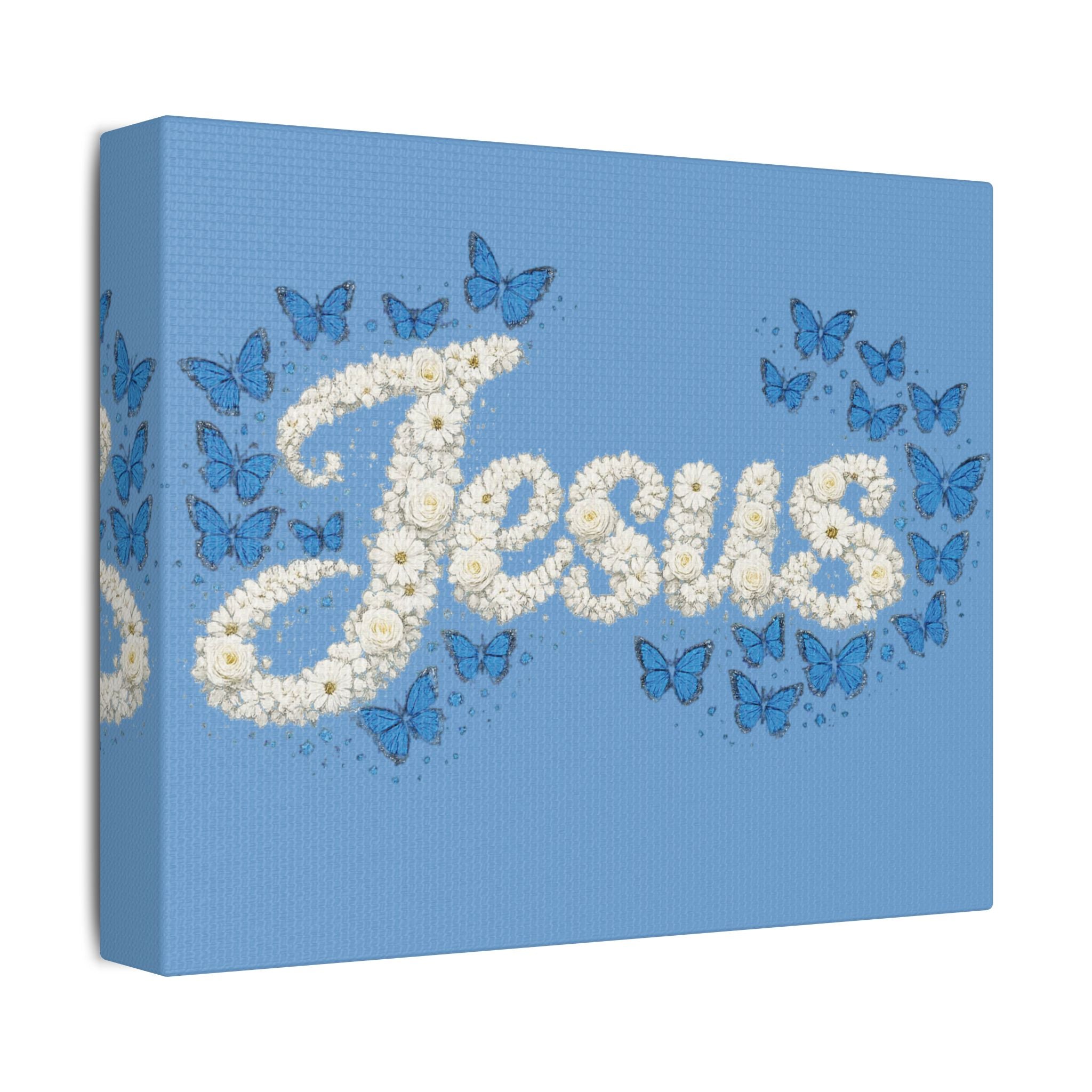 Jesus Floral Blue Butterfly Canvas Wall Art – Christian Satin Faith Print | Inspirational Home Decor