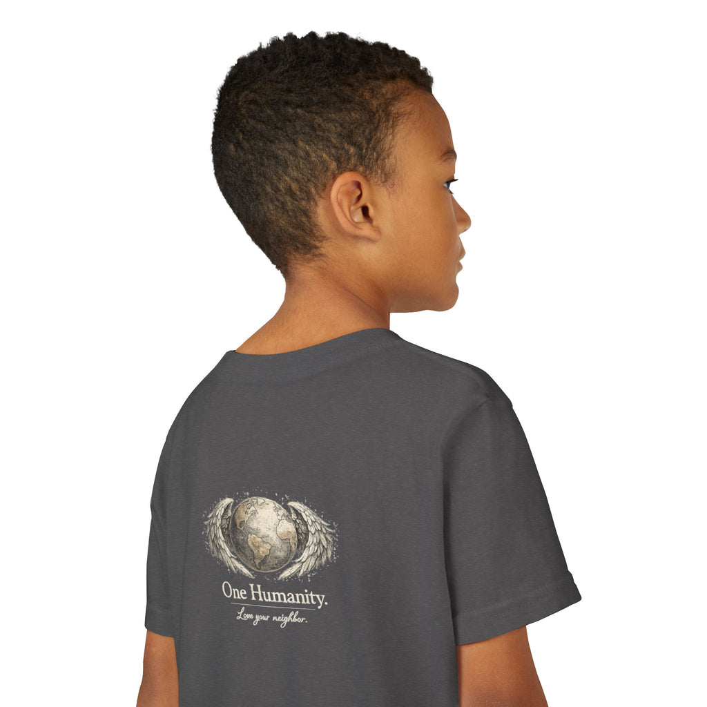 Youth “Quiet Kindness Changes Everything” Tee – Kids Inspirational T-Shirt with Earth & Friends Graphic
