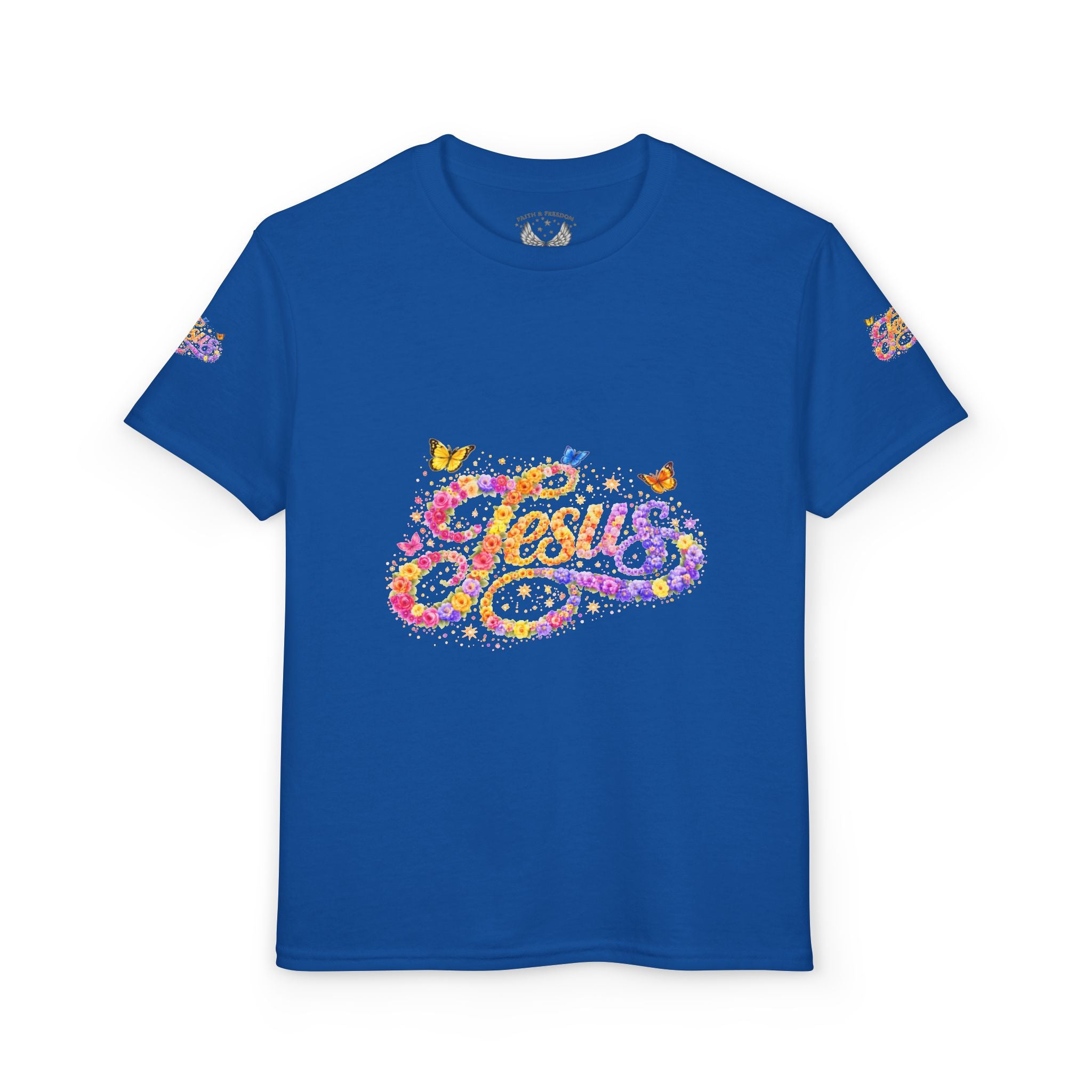 Youth Jesus Floral Butterfly T-Shirt – Christian Kids Faith Tee | Gratitude Sneaker Style Shirt