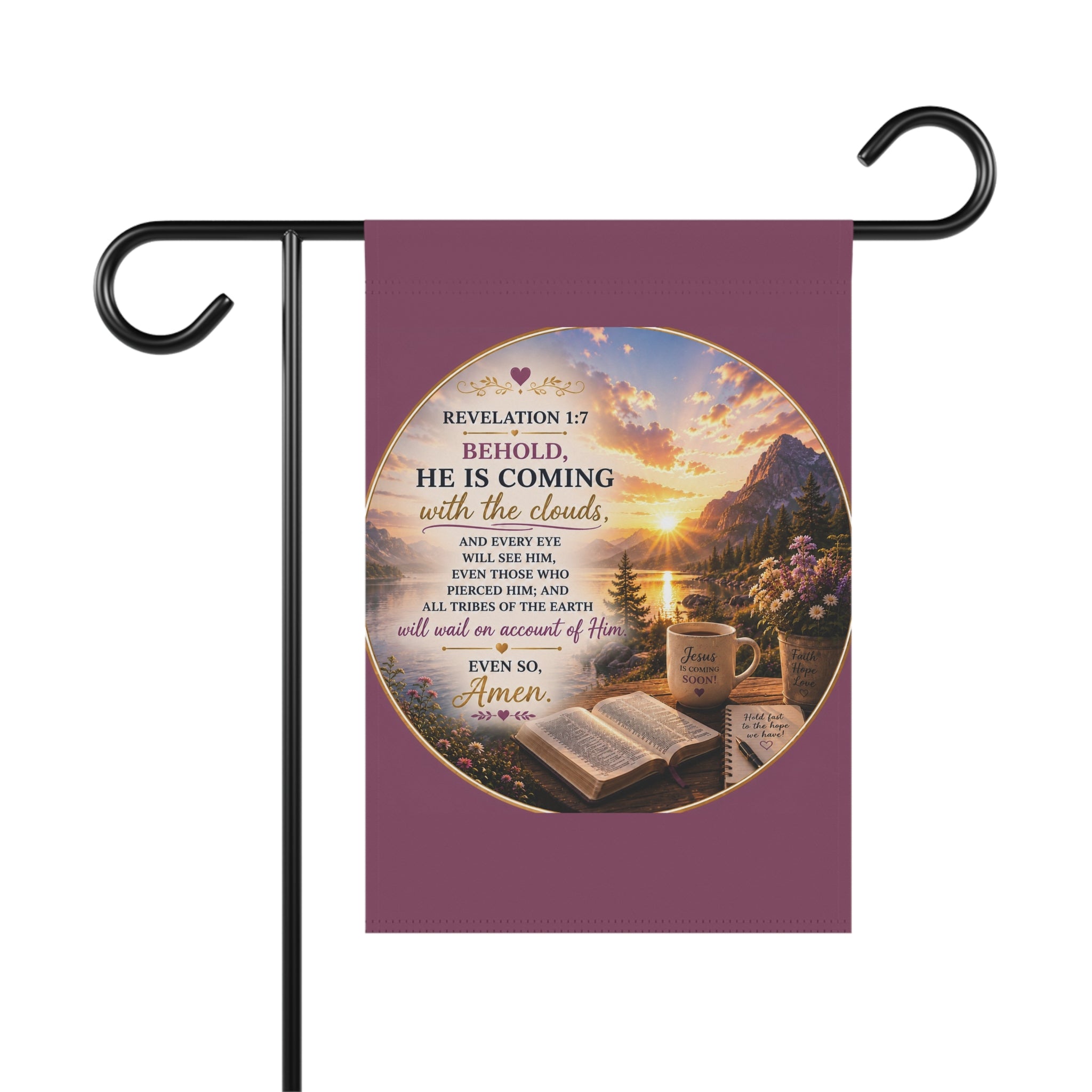 Behold He Is Coming with the Clouds Garden Flag | Revelation 1:7 Scripture Outdoor Banner | Christian Garden Decor