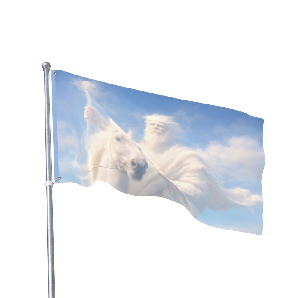Double-sided Christian outdoor flag featuring Jesus riding on glowing clouds with vibrant heavenly artwork and inspirational faith-centered design.