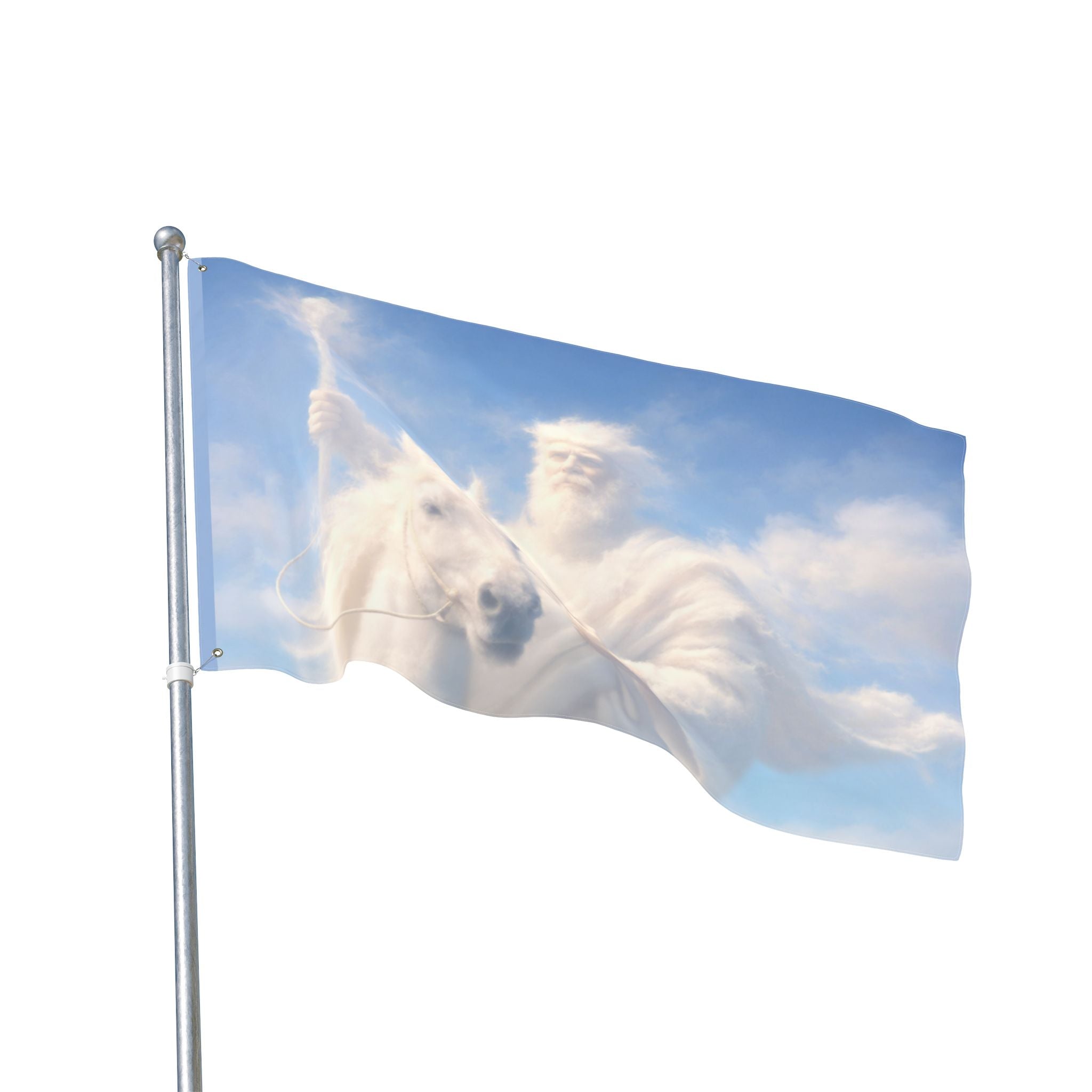 Double-sided Christian outdoor flag featuring Jesus riding on glowing clouds with vibrant heavenly artwork and inspirational faith-centered design.