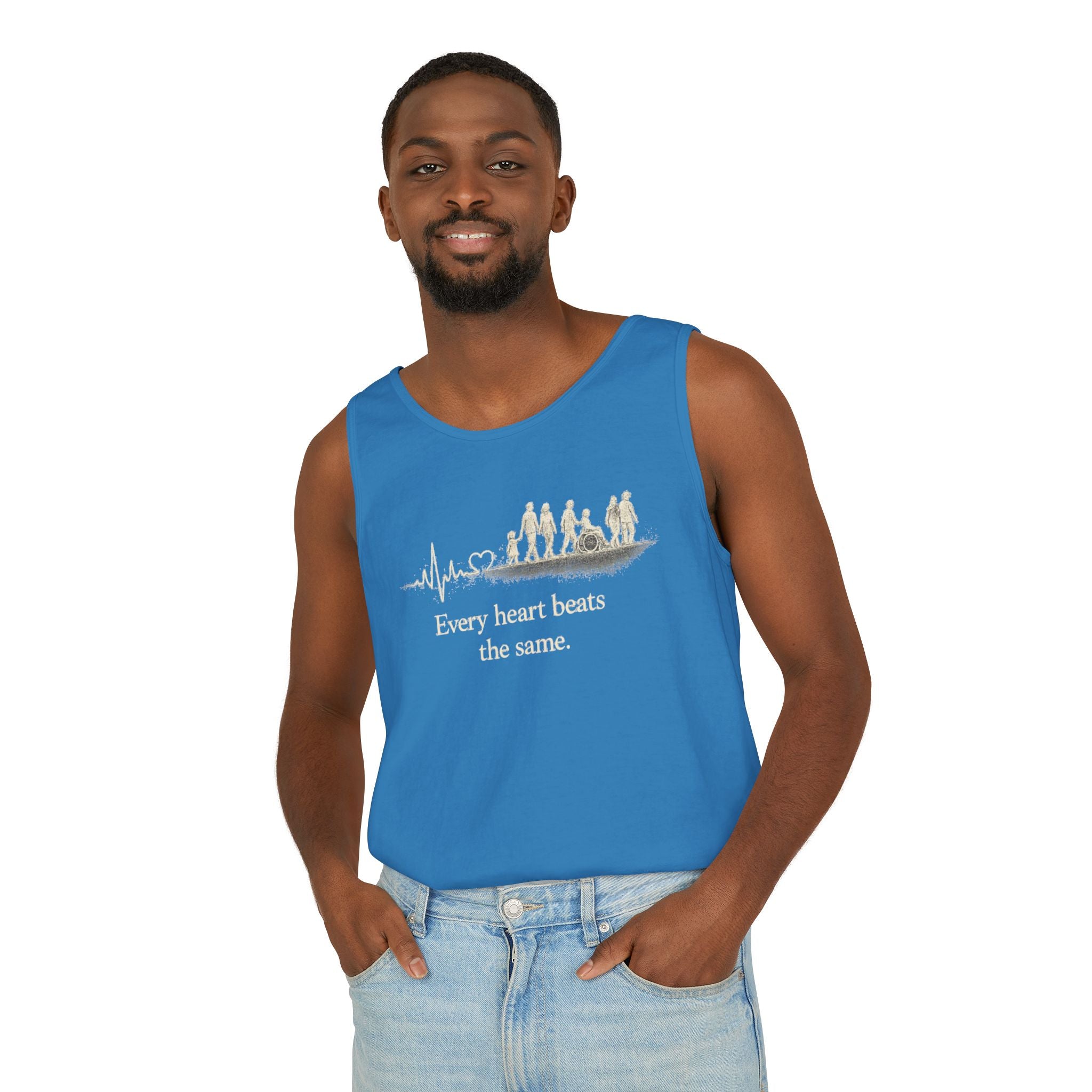 “Every Heart Beats the Same” Vintage Surf Tank Top – Garment-Dyed Coastal Unity Tank