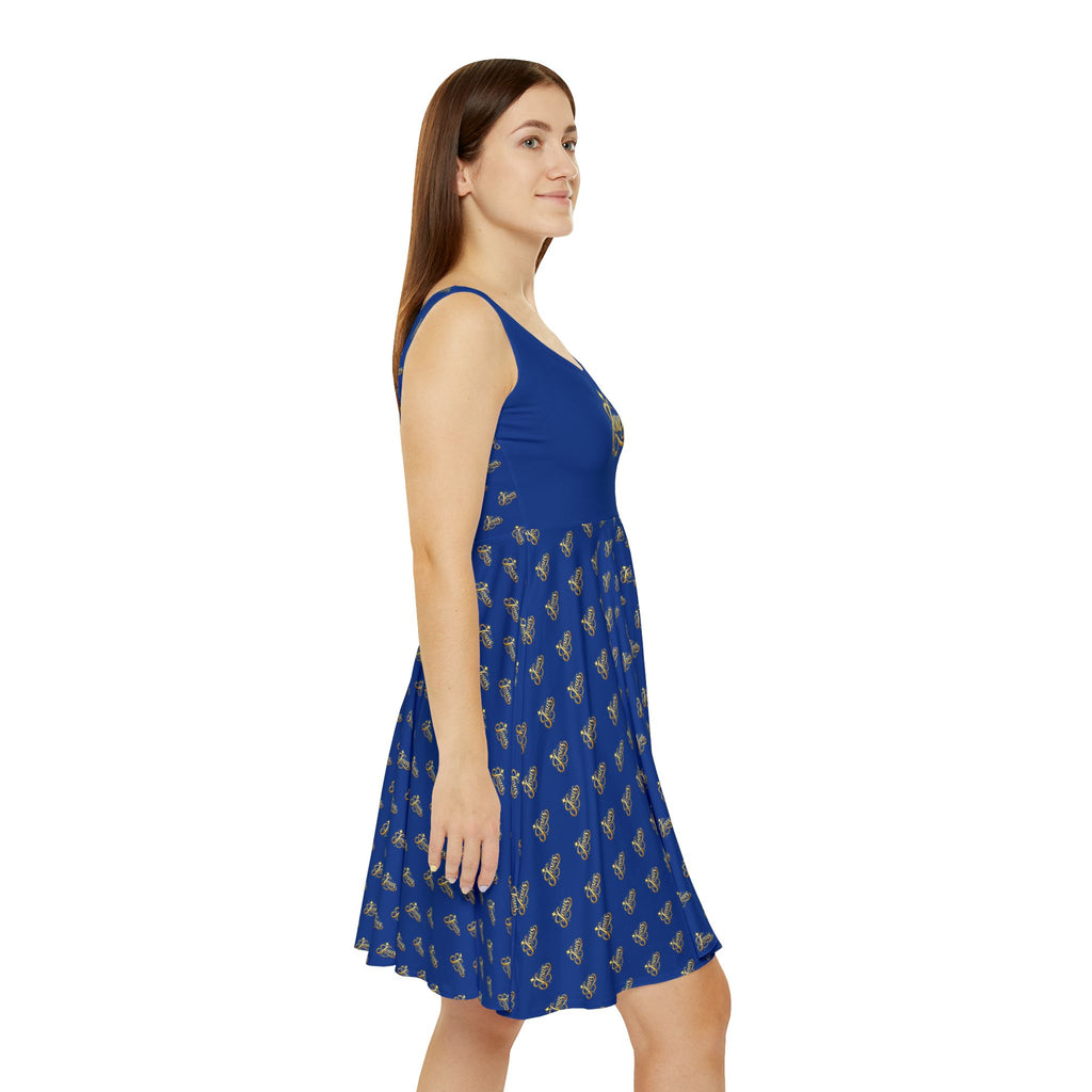 Women's Jesus Script Skater Dress – Blue & Gold Christian Faith Dress | Elegant Church & Event Wear