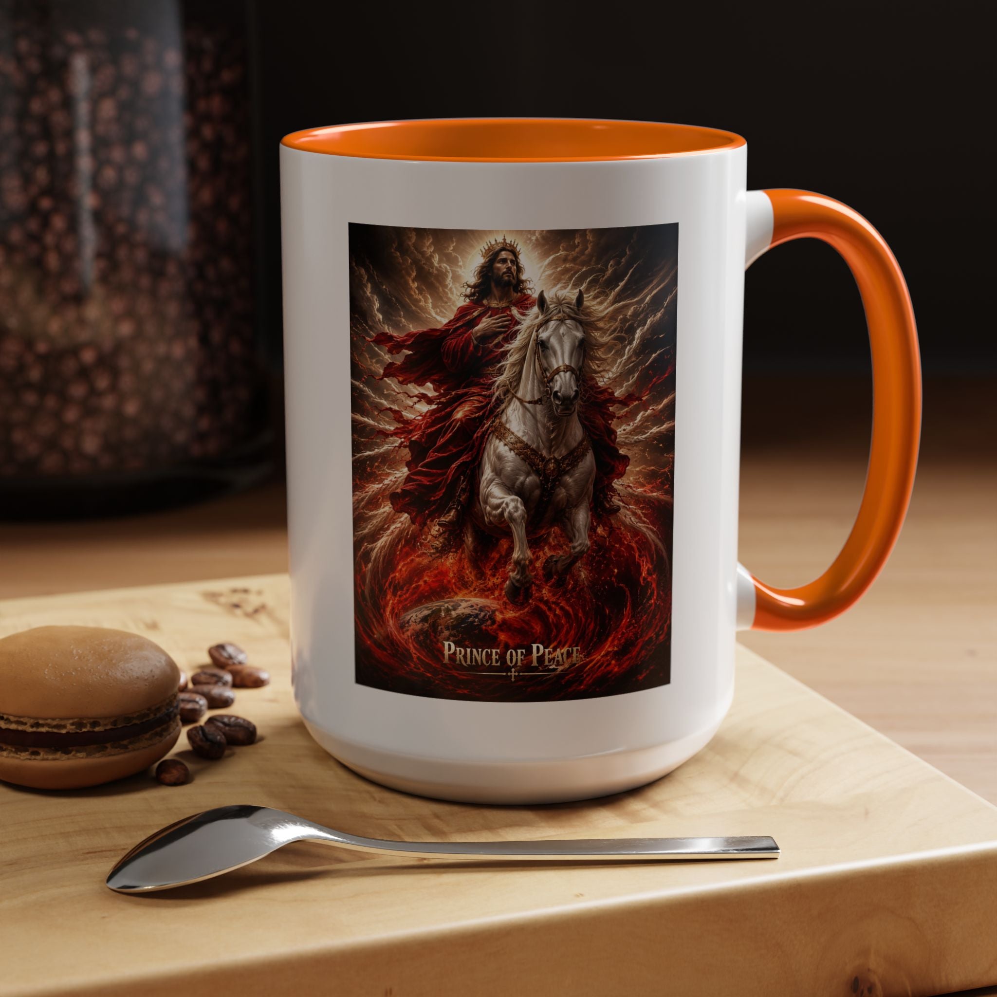 Inspirational Christian coffee mug featuring Jesus riding a white horse surrounded by radiant heavenly light with Prince of Peace artwork and colorful accent handle and interior.