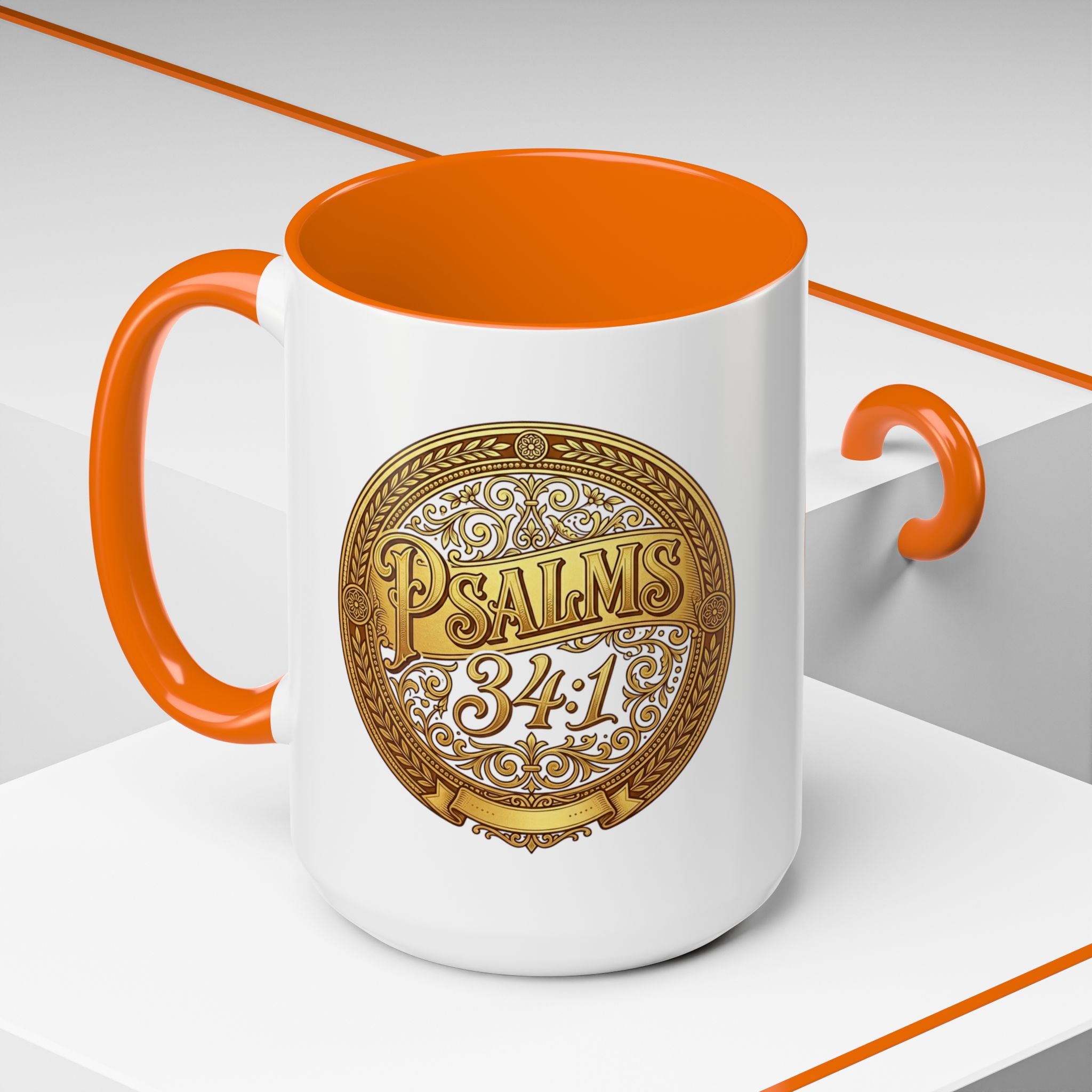 Inspirational Christian ceramic accent coffee mug featuring Psalm 34:1 in an ornate gold medallion design with colorful handle and interior accents.
