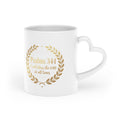 White ceramic heart-shaped handle mug featuring an elegant gold laurel wreath surrounding Psalm 34:1 with a glossy finish and vibrant full-color printing