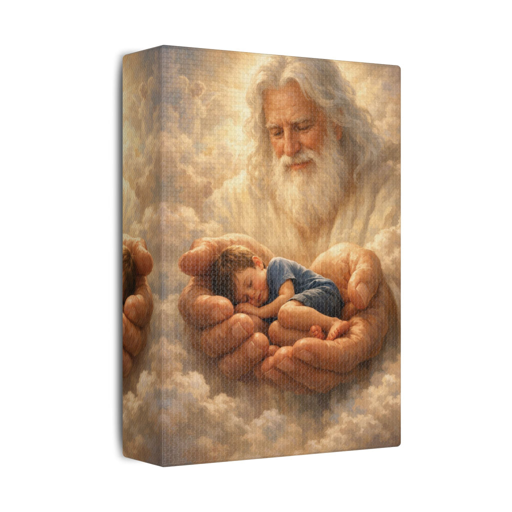 Safely in His Hands Canvas — Sleeping 'lil' Boy' in God's Embrace Wall Art