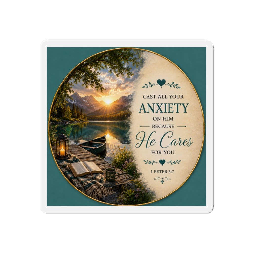 Christian die-cut magnet featuring a peaceful mountain lake sunrise, open Bible, canoe, and the scripture “Cast All Your Anxiety on Him Because He Cares for You” from 1 Peter 5:7 in teal and cream tones.