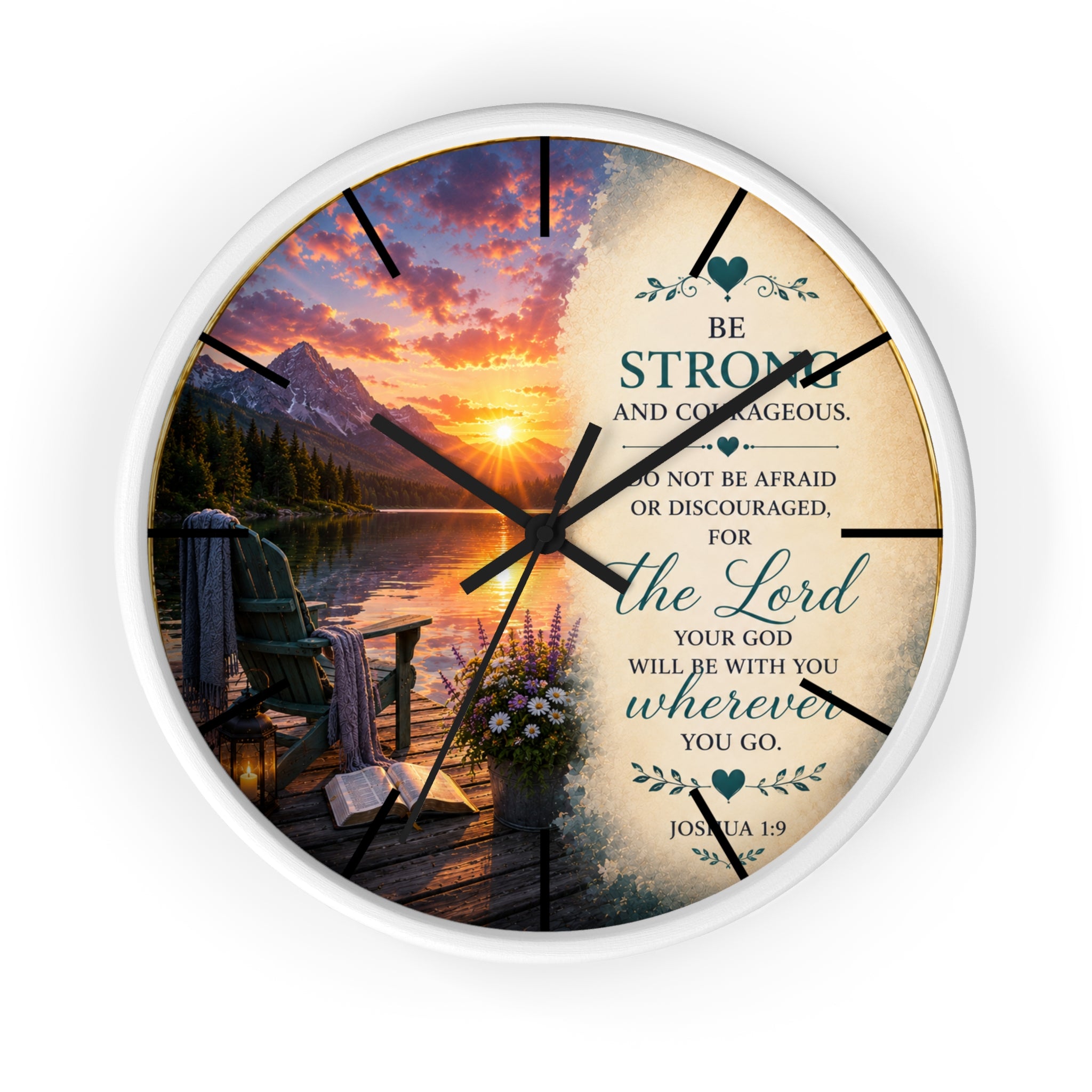 Inspirational Christian wall clock featuring a peaceful lakeside sunrise, mountain scenery, and Joshua 1:9 scripture encouraging strength and courage.
