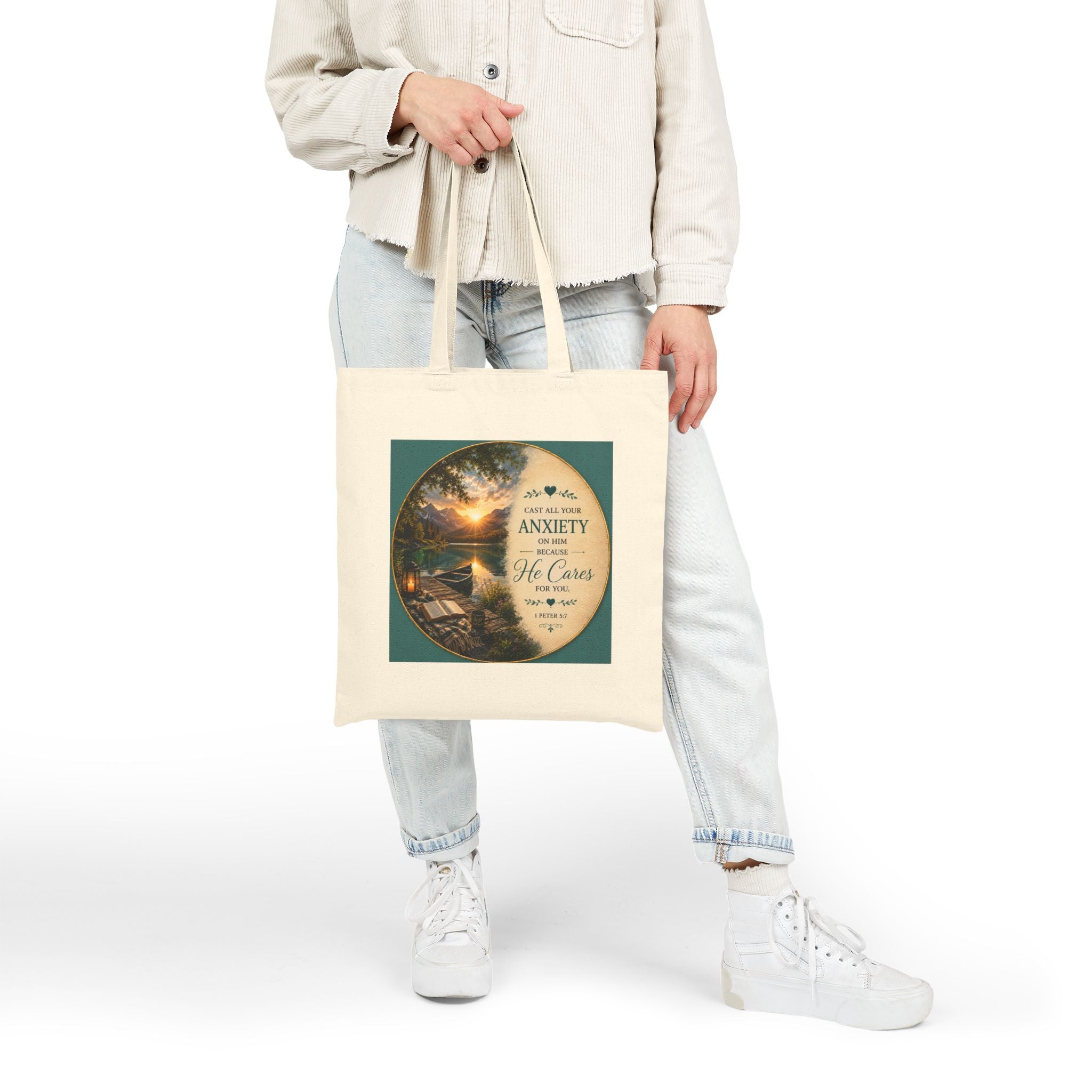 Cast All Your Anxiety Tote Bag | 1 Peter 5:7 Christian Canvas Tote | Inspirational Scripture Bag