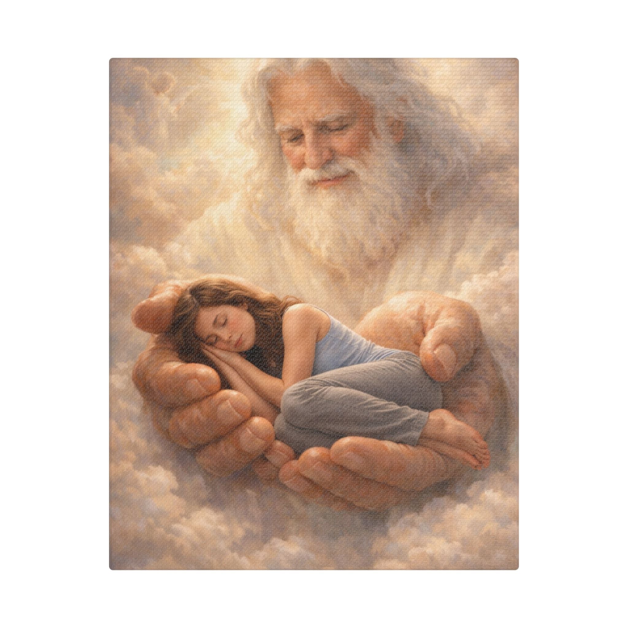 Safely in His Hands Canvas — 'Woman' Sleeping in God's Embrace Wall Art