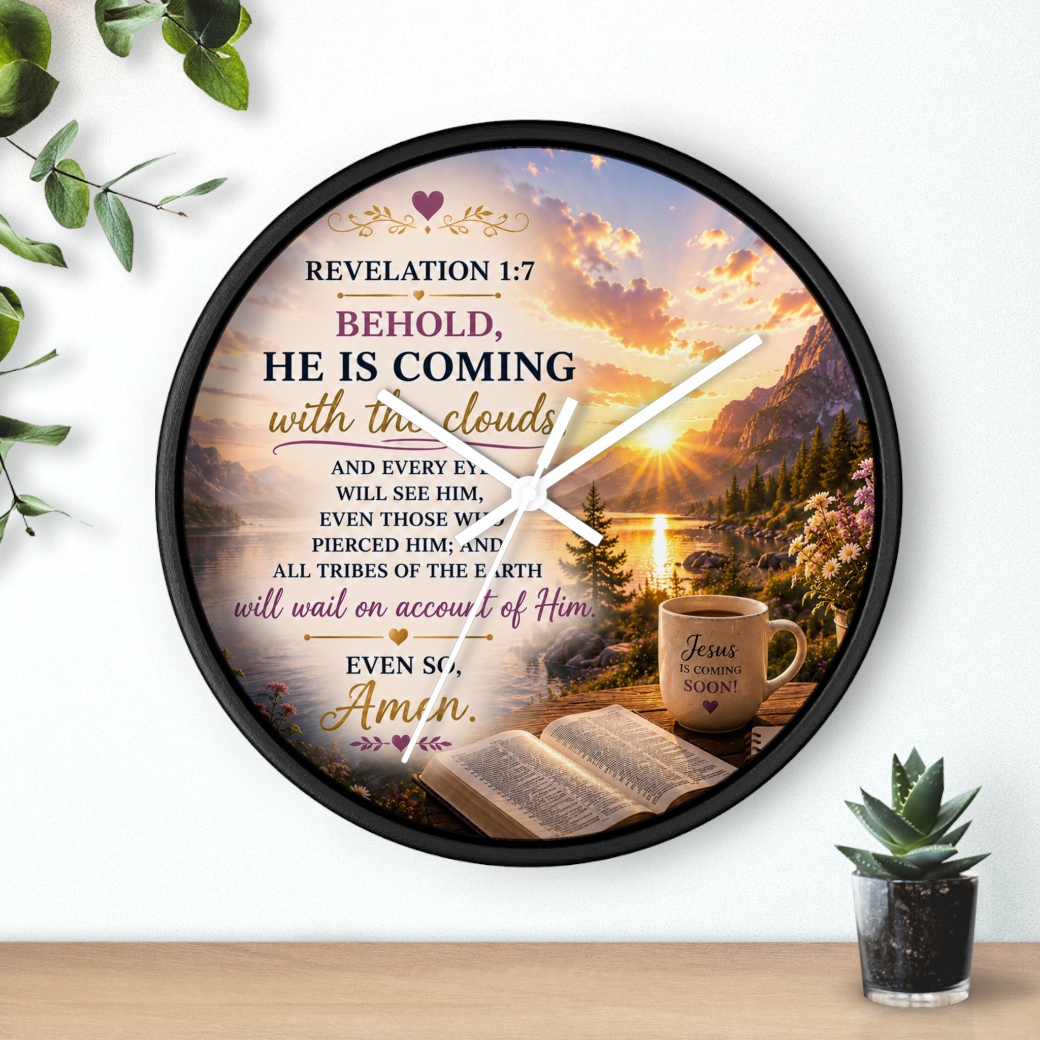 Inspirational Christian wall clock featuring a sunrise over water with an open Bible, steaming mug, and Revelation 1:7 scripture “Behold, He Is Coming.”