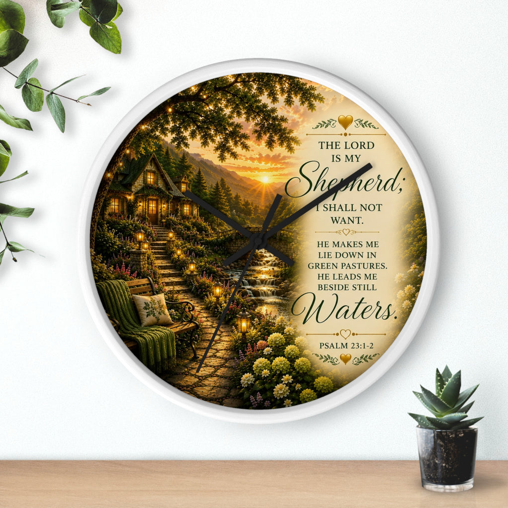 Inspirational Christian wall clock featuring a lantern-lit cottage pathway at sunset with Psalm 23 scripture about the Lord being my Shepherd.