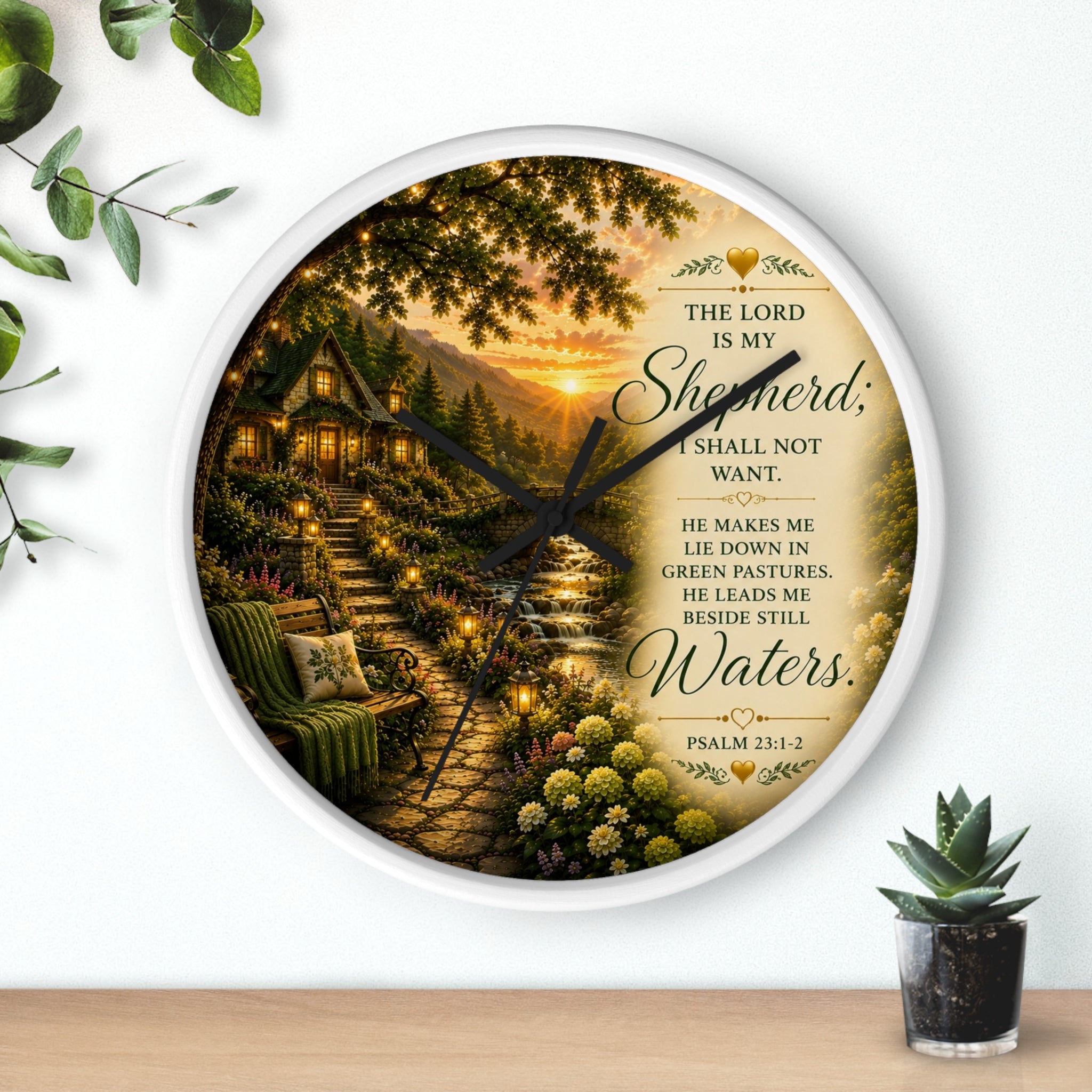 Inspirational Christian wall clock featuring a lantern-lit cottage pathway at sunset with Psalm 23 scripture about the Lord being my Shepherd.