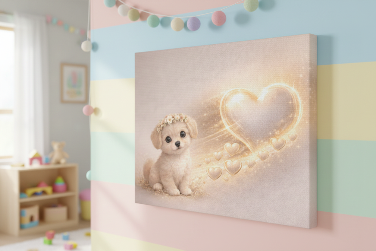 Cute Puppy Canvas — Glowing Heart Nursery Wall Art | Baby Room Decor