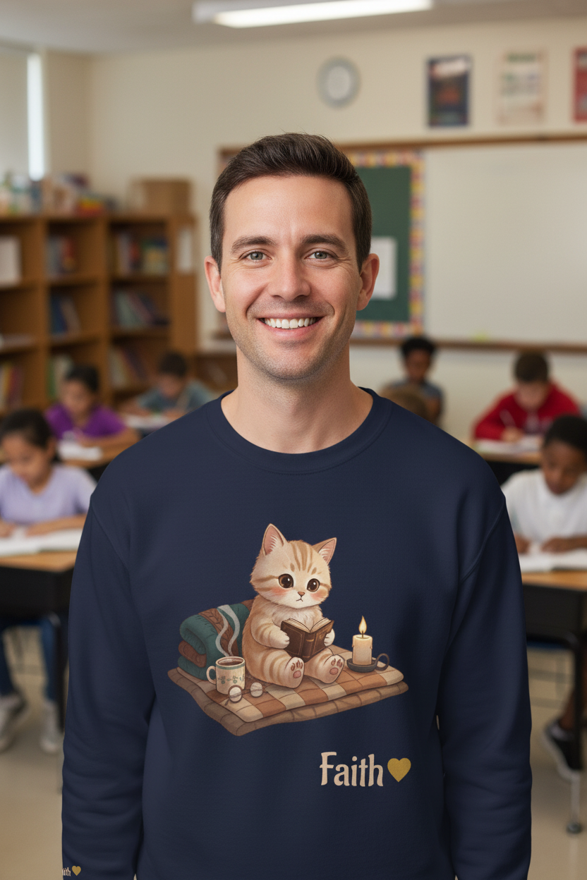 Faith Cozy Cat Crewneck Sweatshirt – Candlelight Cat Faith Sweatshirt | Quiet Comfort Apparel