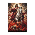 Christian canvas wall art featuring Jesus riding a white horse with peaceful radiant lighting and inspirational Prince of Peace imagery in gallery-style decor.