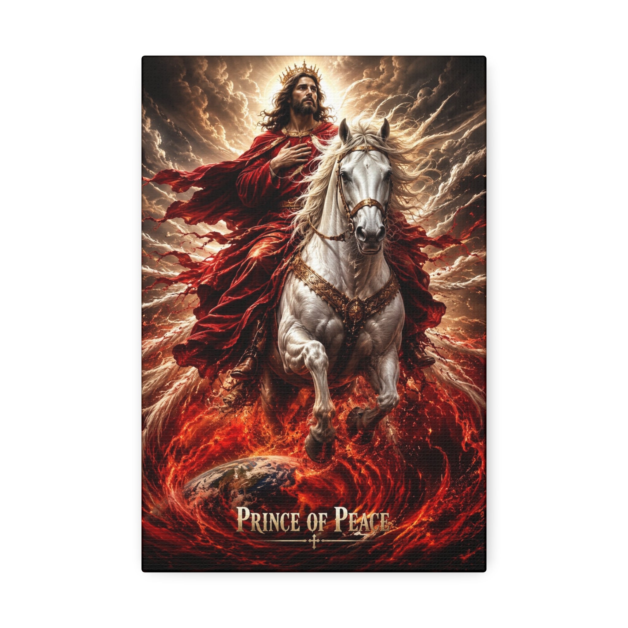 Christian canvas wall art featuring Jesus riding a white horse with peaceful radiant lighting and inspirational Prince of Peace imagery in gallery-style decor.