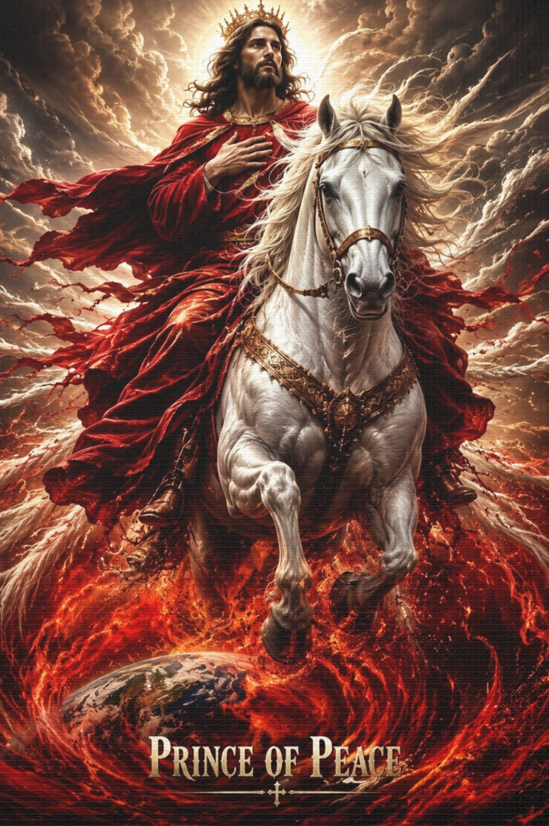 Christian canvas wall art featuring Jesus riding a white horse with peaceful radiant lighting and inspirational Prince of Peace imagery in gallery-style decor.