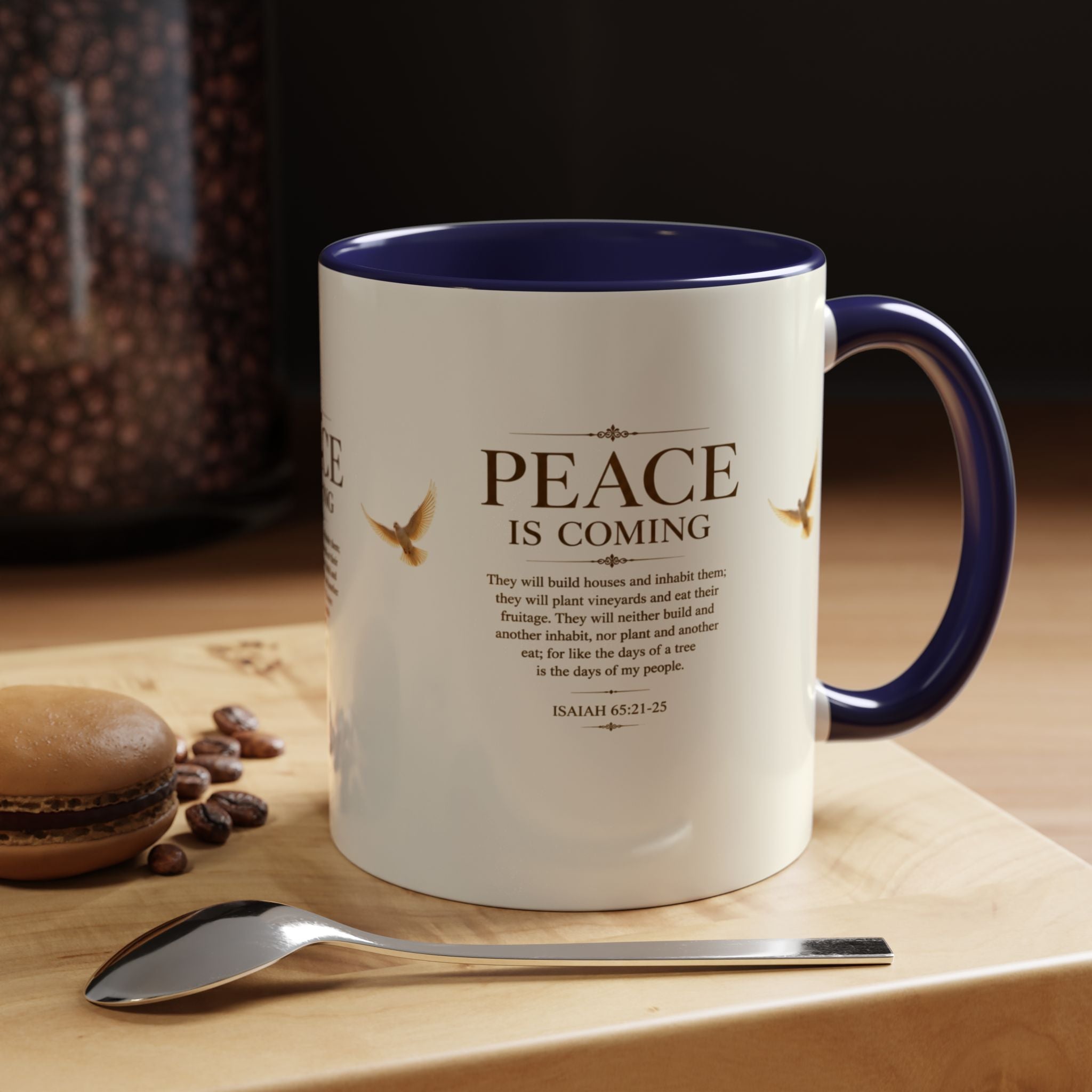 Inspirational Christian accent coffee mug featuring a peaceful dove and Isaiah 65:21-25 scripture with glossy finish and colorful handle and interior.