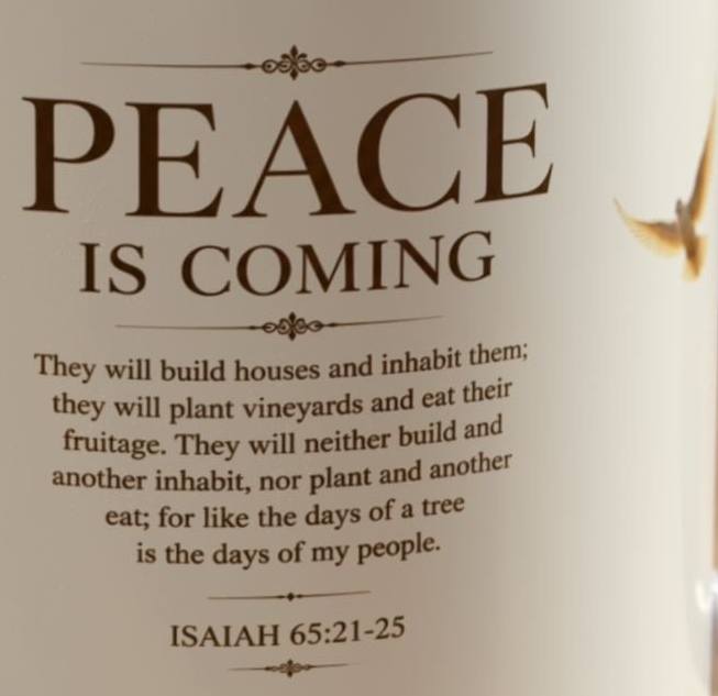 Inspirational Christian accent coffee mug featuring a peaceful dove and Isaiah 65:21-25 scripture with glossy finish and colorful handle and interior.