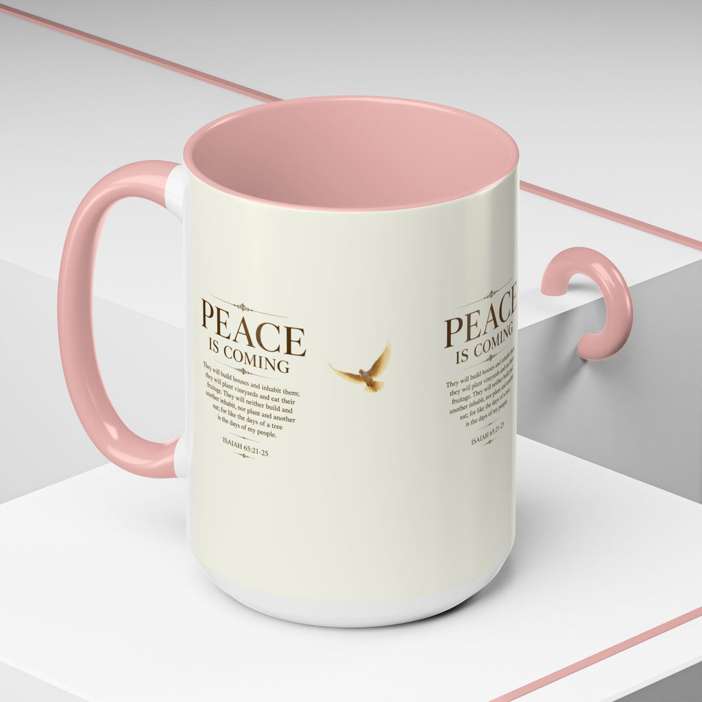 Inspirational Christian accent coffee mug featuring a peaceful dove and Isaiah 65:21-25 scripture with glossy finish and colorful handle and interior.